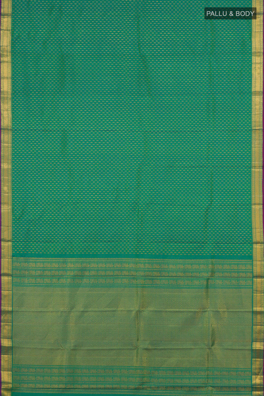 Flat view of Pure Silk Green Kanchipuram Saree with Zari Butta on the body and Zari Border. 