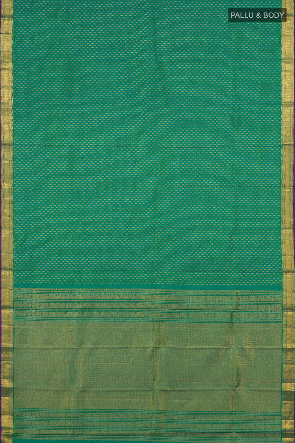 Flat view of Pure Silk Green Kanchipuram Saree with Zari Butta on the body and Zari Border. 