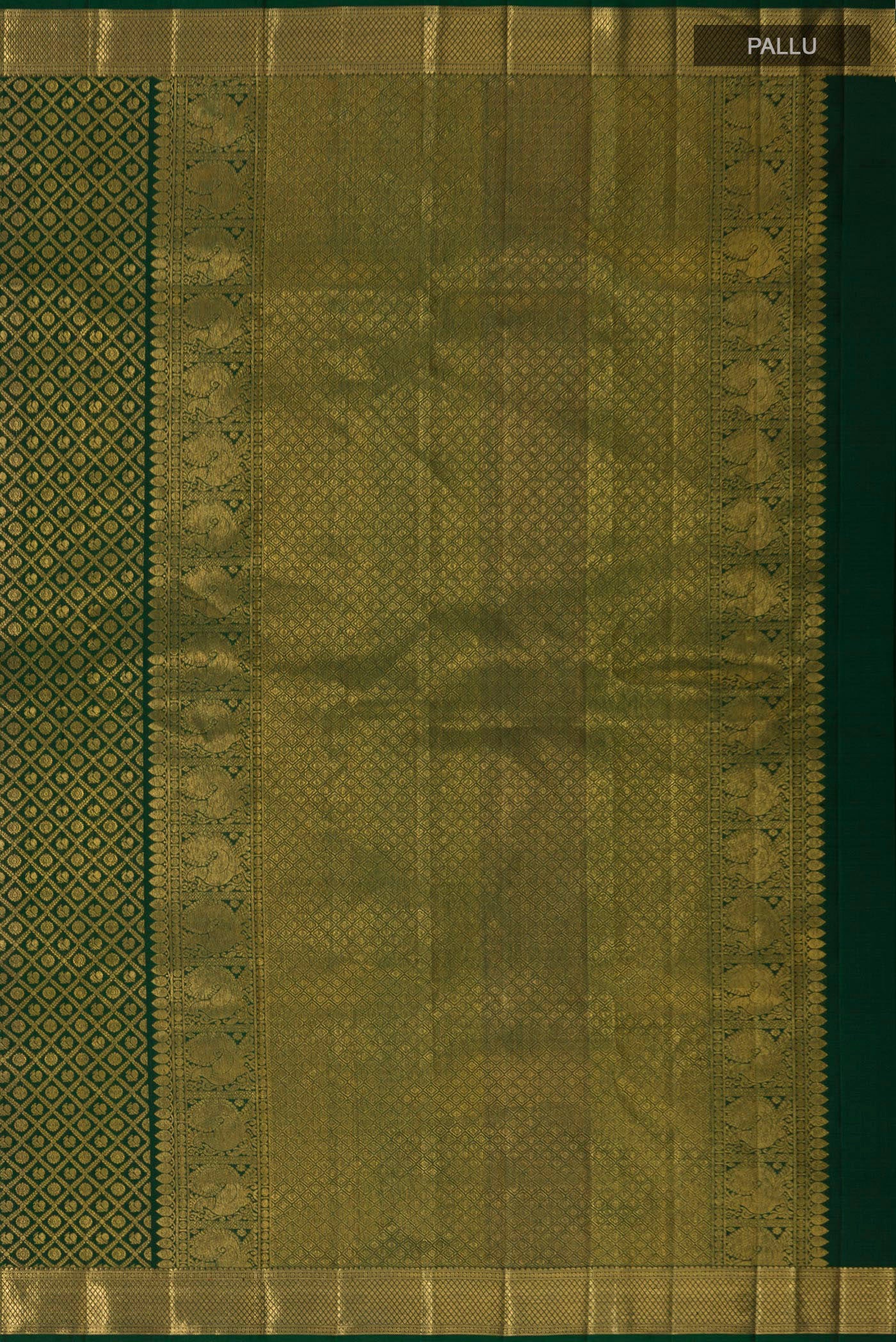 Close up image of the pallu of Green Kanchipuram Silk Saree with Zari Brocade on the body and Zari Border. 
