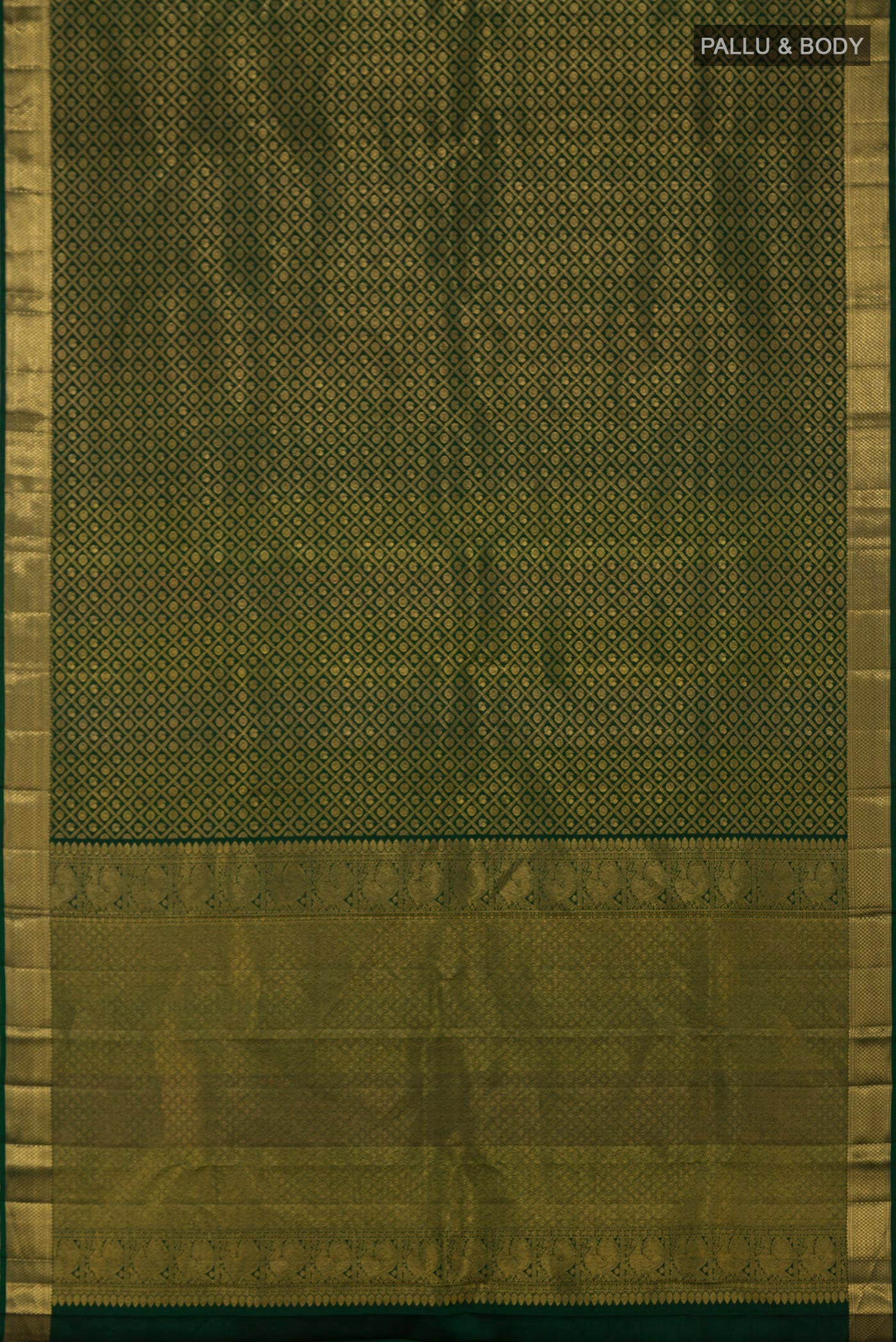 Flat view of Green Kanchipuram Silk Saree with Zari Brocade on the body and Zari Border. 