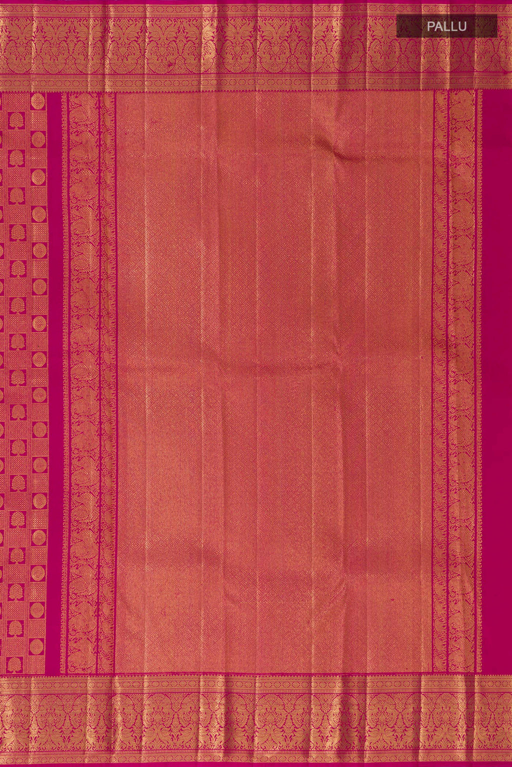 Close up image of the pallu of Light Magenta Kanchipuram Silk Saree with Zari Brocade on the body and Zari Border. 