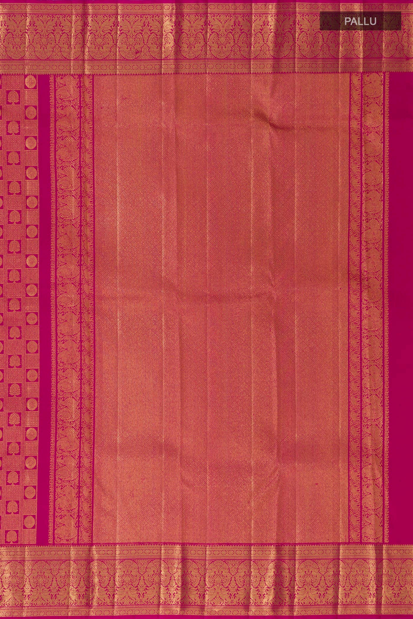 Close up image of the pallu of Light Magenta Kanchipuram Silk Saree with Zari Brocade on the body and Zari Border. 