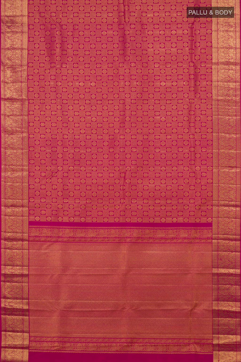 Flat view of Light Magenta Kanchipuram Silk Saree with Zari Brocade on the body and Zari Border. 