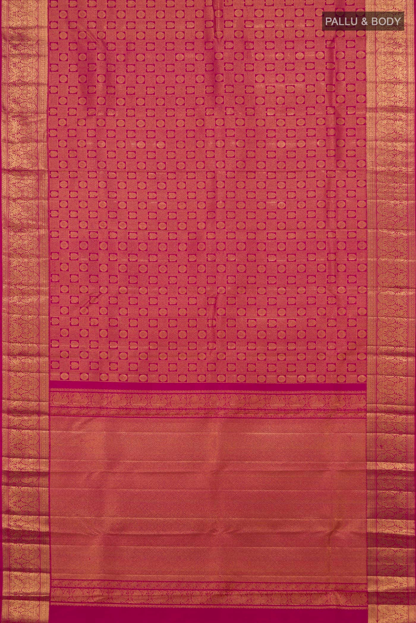 Flat view of Light Magenta Kanchipuram Silk Saree with Zari Brocade on the body and Zari Border. 