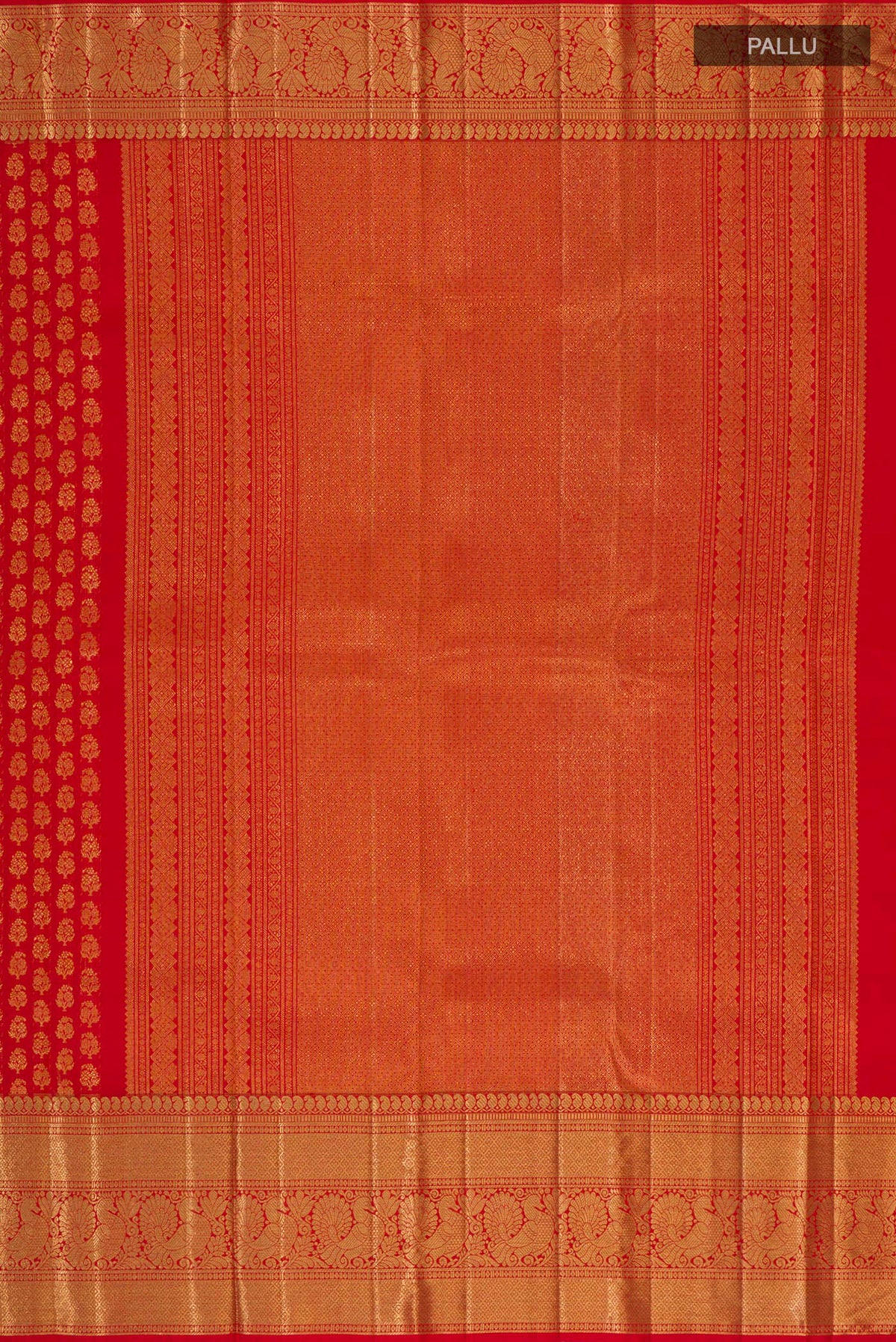 Close up image of the pallu of Pure Silk Red Kanchipuram Saree with Zari Brocade on the body and Zari Border. 