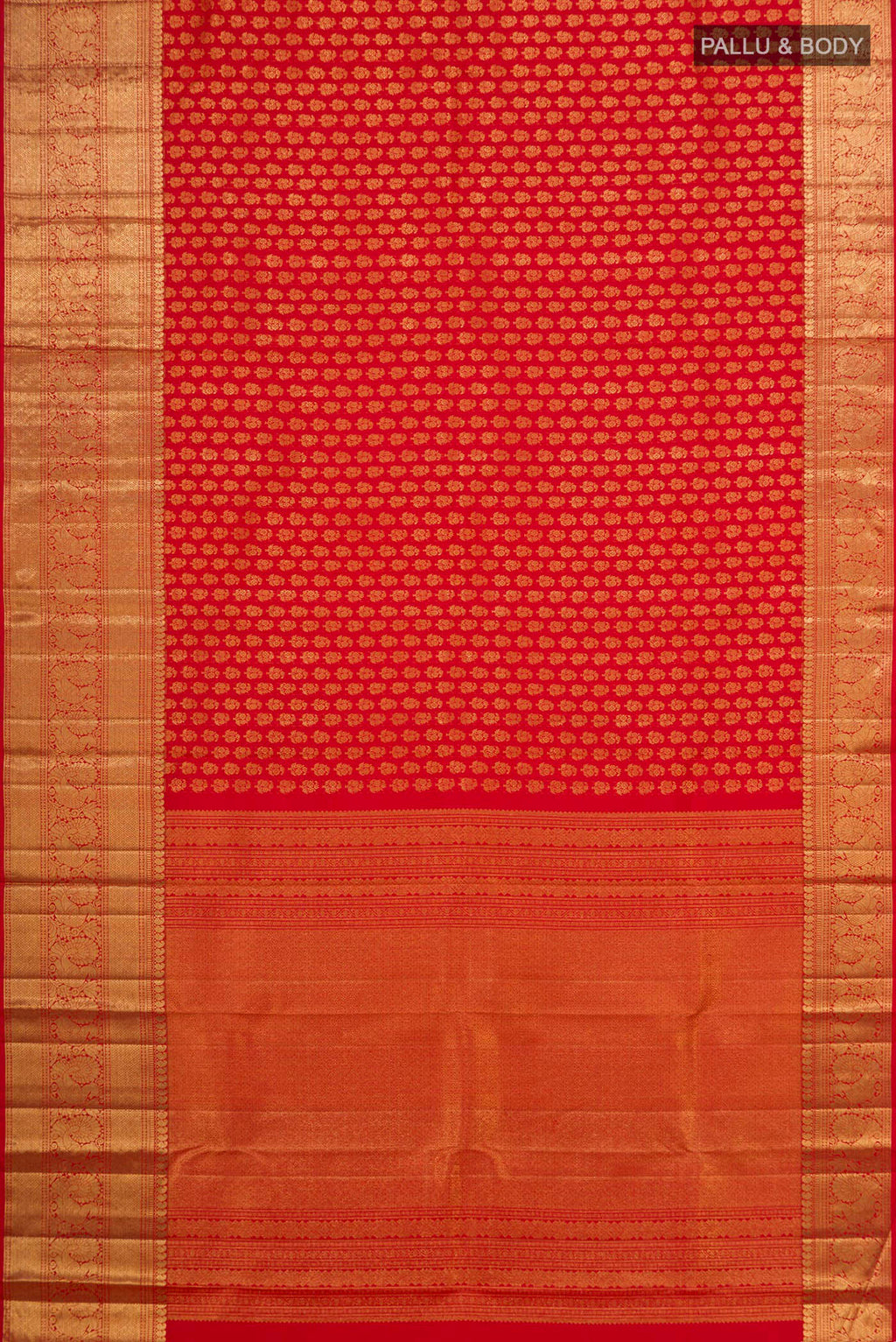 Flat view of Pure Silk Red Kanchipuram Saree with Zari Brocade on the body and Zari Border. 