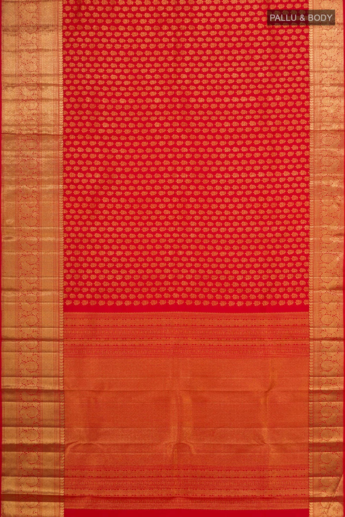 Flat view of Pure Silk Red Kanchipuram Saree with Zari Brocade on the body and Zari Border. 