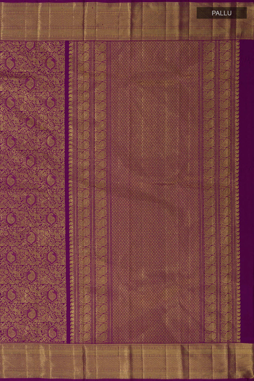 Close up image of the pallu of Purple Kanchipuram Silk Saree with Zari Brocade on the body and Zari Border. 