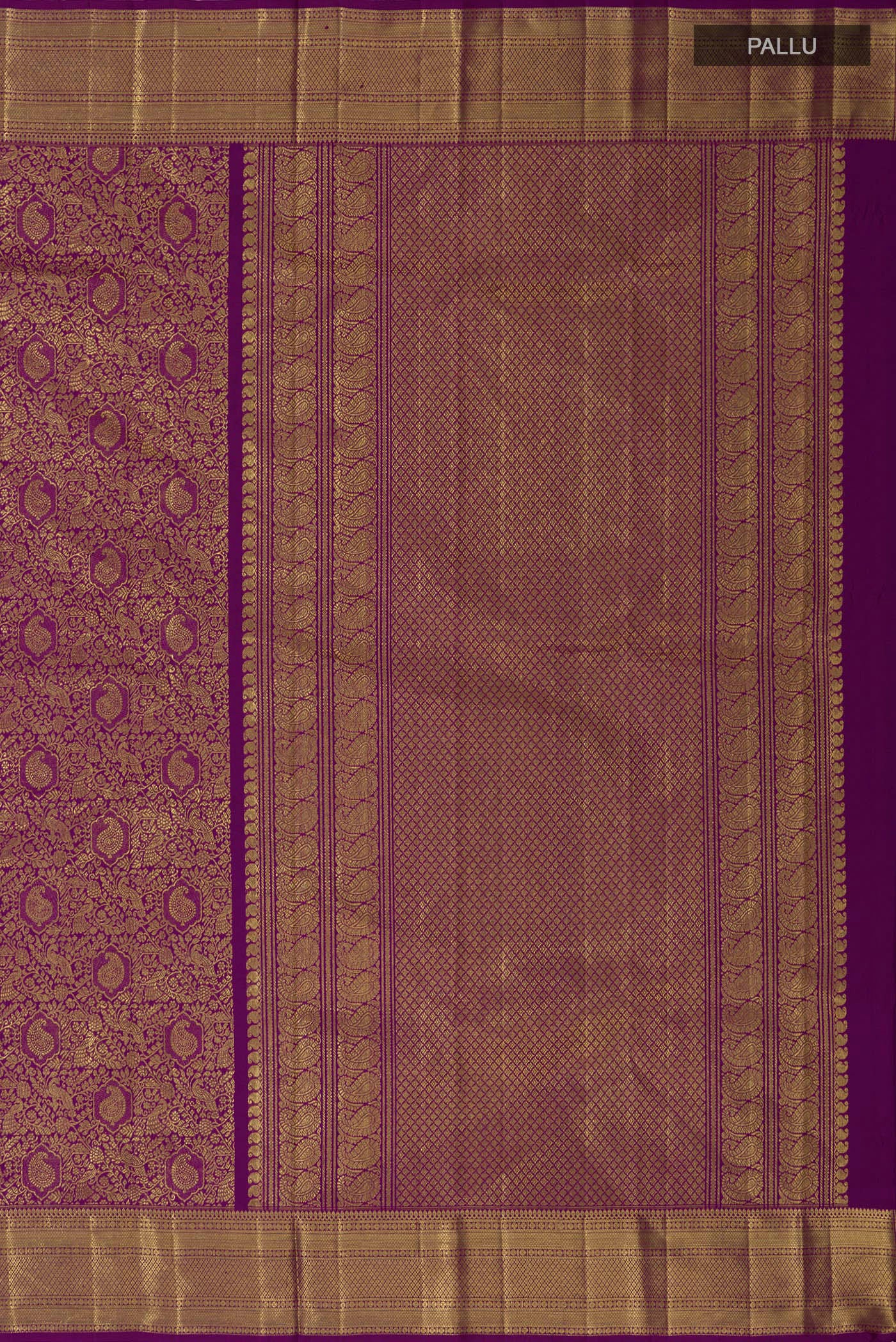 Close up image of the pallu of Purple Kanchipuram Silk Saree with Zari Brocade on the body and Zari Border. 