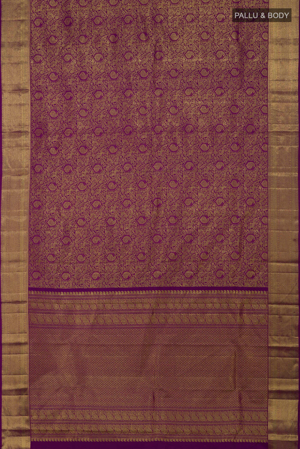 Flat view of Purple Kanchipuram Silk Saree with Zari Brocade on the body and Zari Border. 