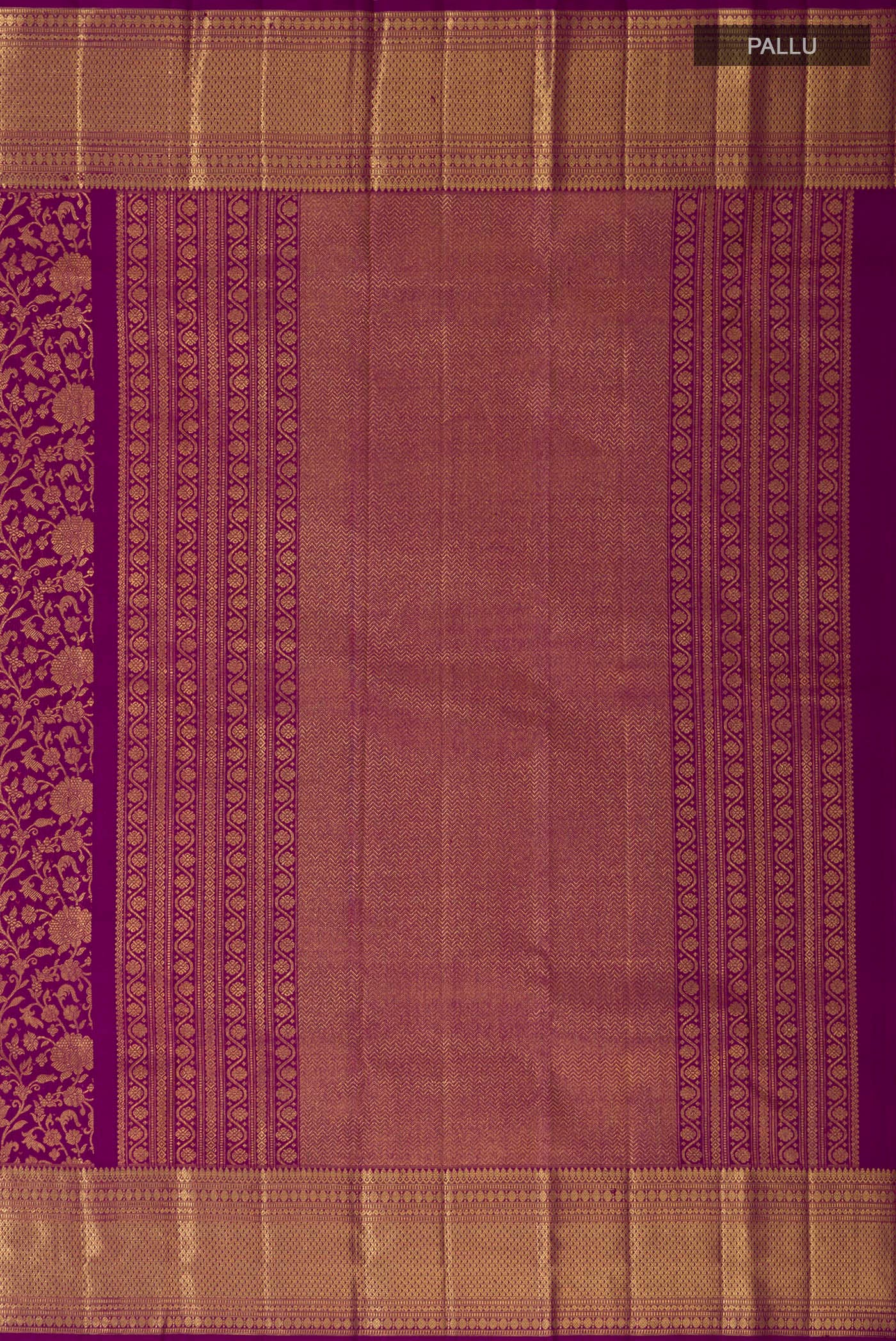 Close up image of the pallu of Purple Kanchipuram Silk Saree with Zari Brocade on the body and Zari Border. 