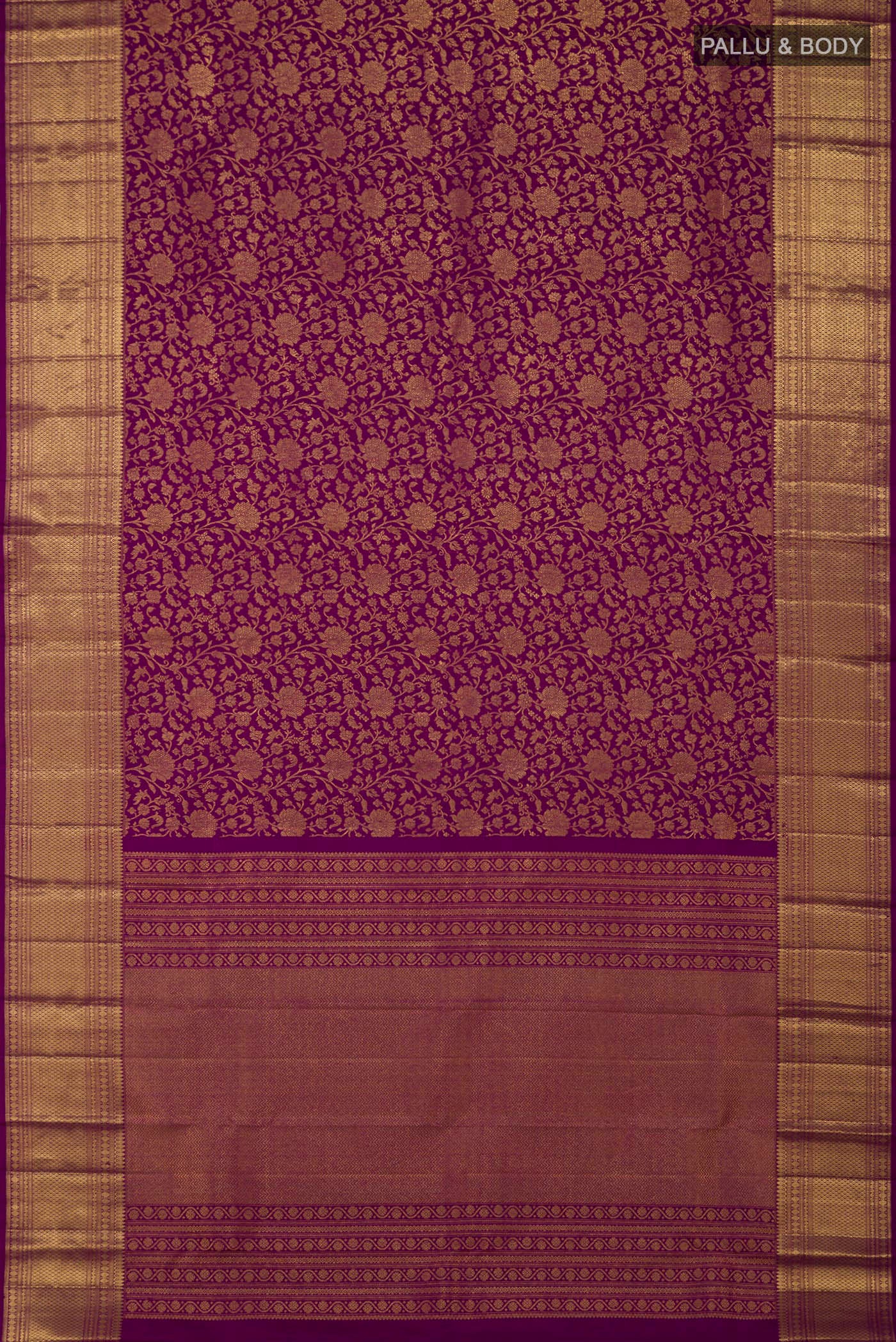 Flat view of Purple Kanchipuram Silk Saree with Zari Brocade on the body and Zari Border. 