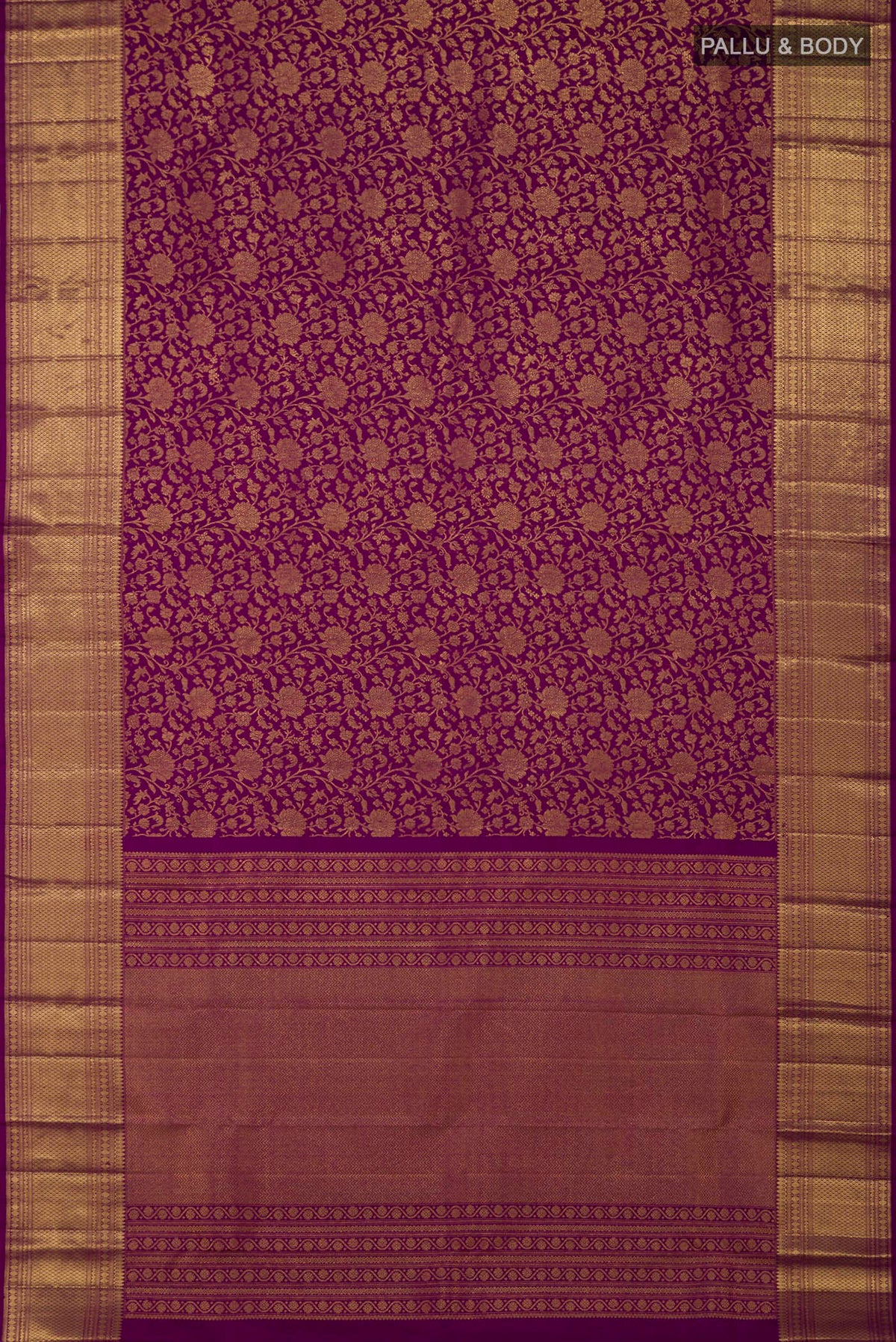 Flat view of Purple Kanchipuram Silk Saree with Zari Brocade on the body and Zari Border. 