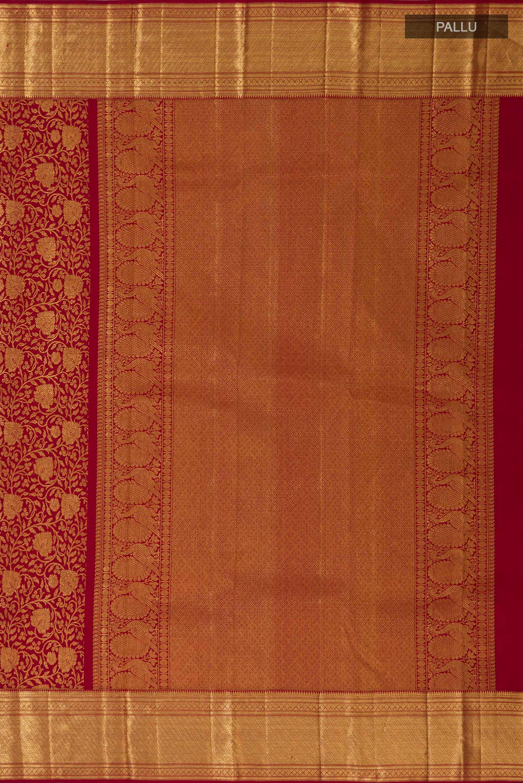 Close up image of the pallu of Maroon Kanchipuram Saree with Zari Brocade on the body and Zari Border. 