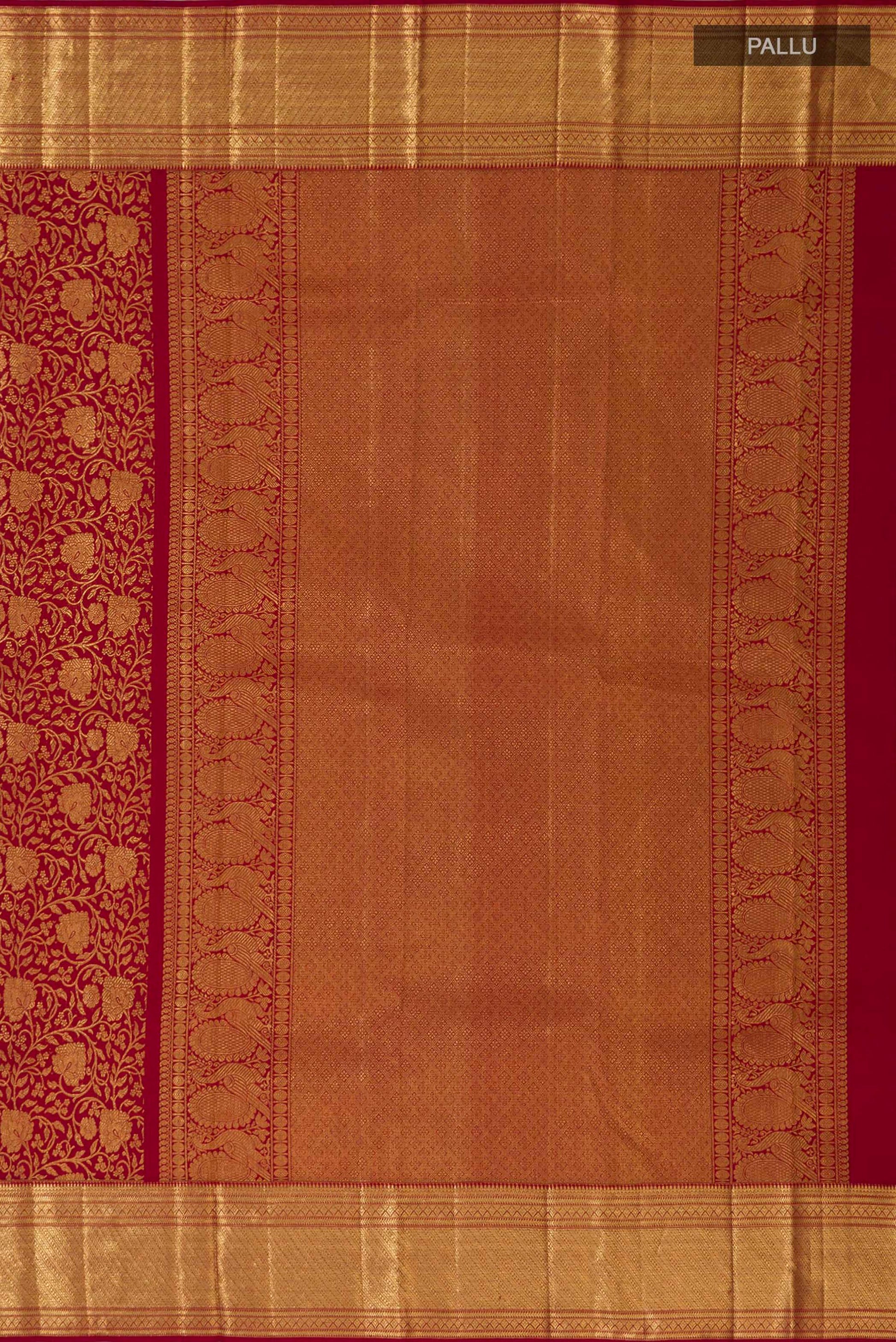 Close up image of the pallu of Maroon Kanchipuram Saree with Zari Brocade on the body and Zari Border. 