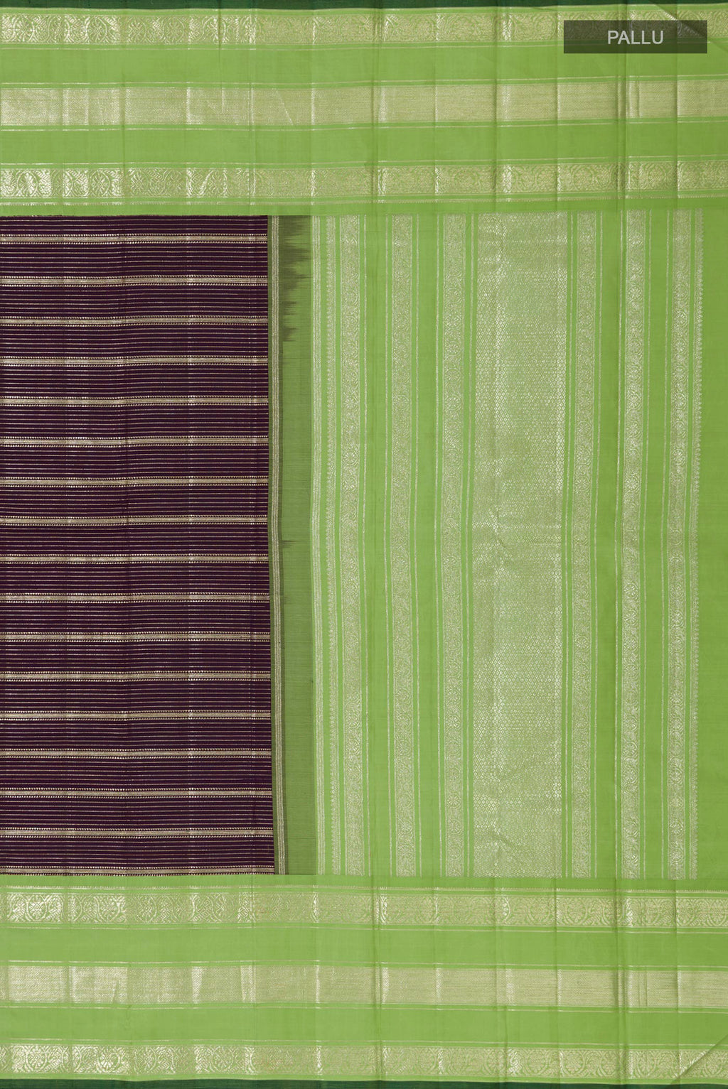 Close up image of the pallu of Purple Kanchipuram Silk Saree with Stripes on the body and Zari Border. 