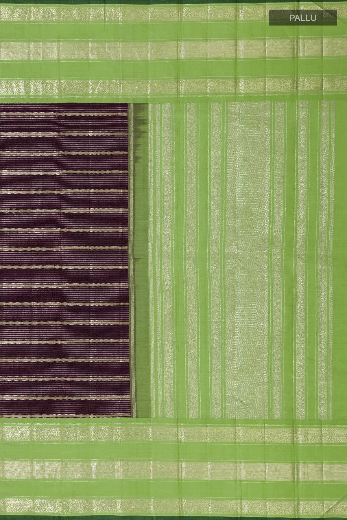 Close up image of the pallu of Purple Kanchipuram Silk Saree with Stripes on the body and Zari Border. 