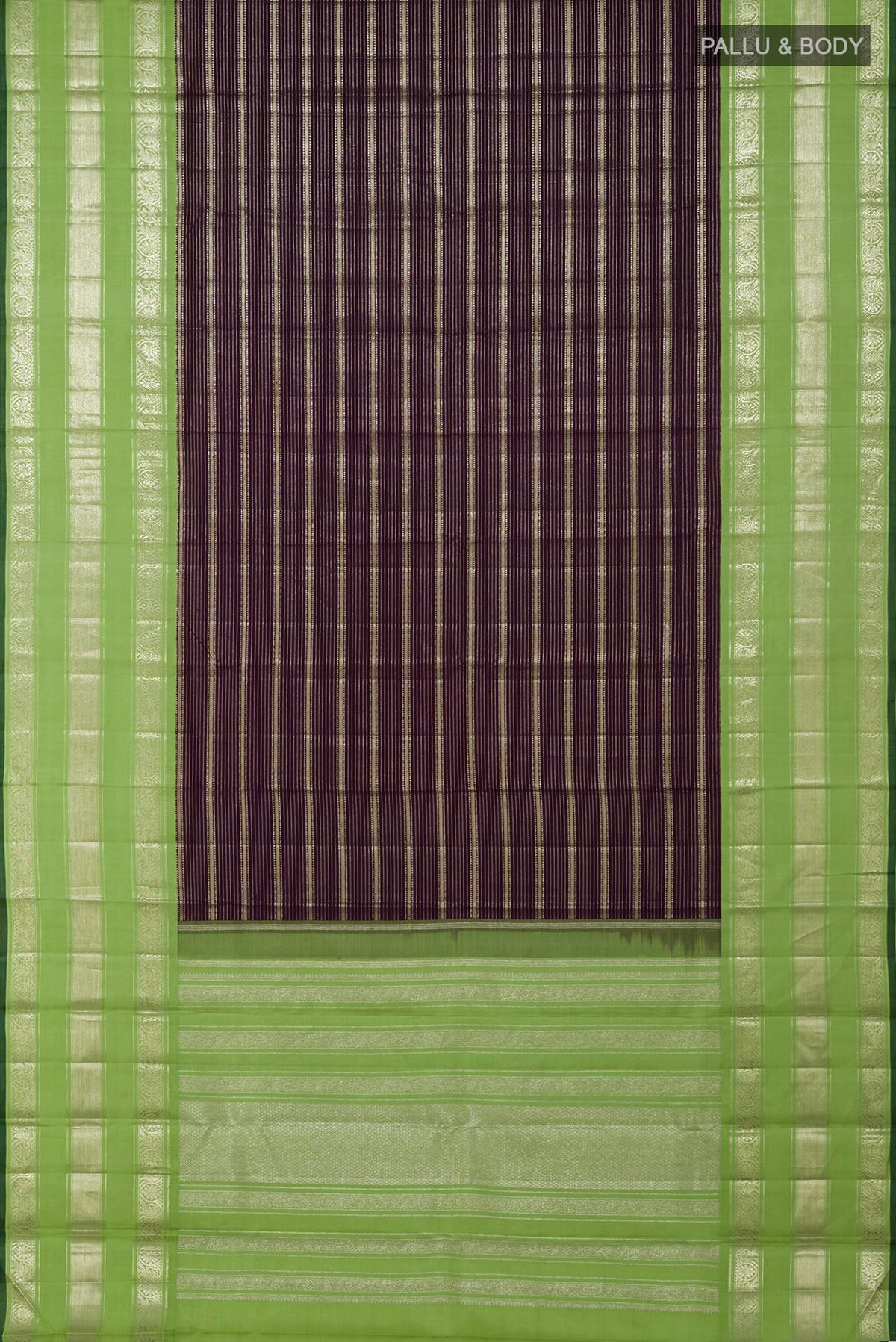 Flat view of Purple Kanchipuram Silk Saree with Stripes on the body and Zari Border. 