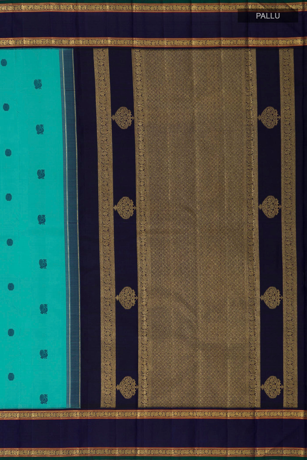 Close up image of the pallu of Pure Silk Pure Zari Light Blue Kanchipuram Saree with Thread Butta on the body and Zari Border. 