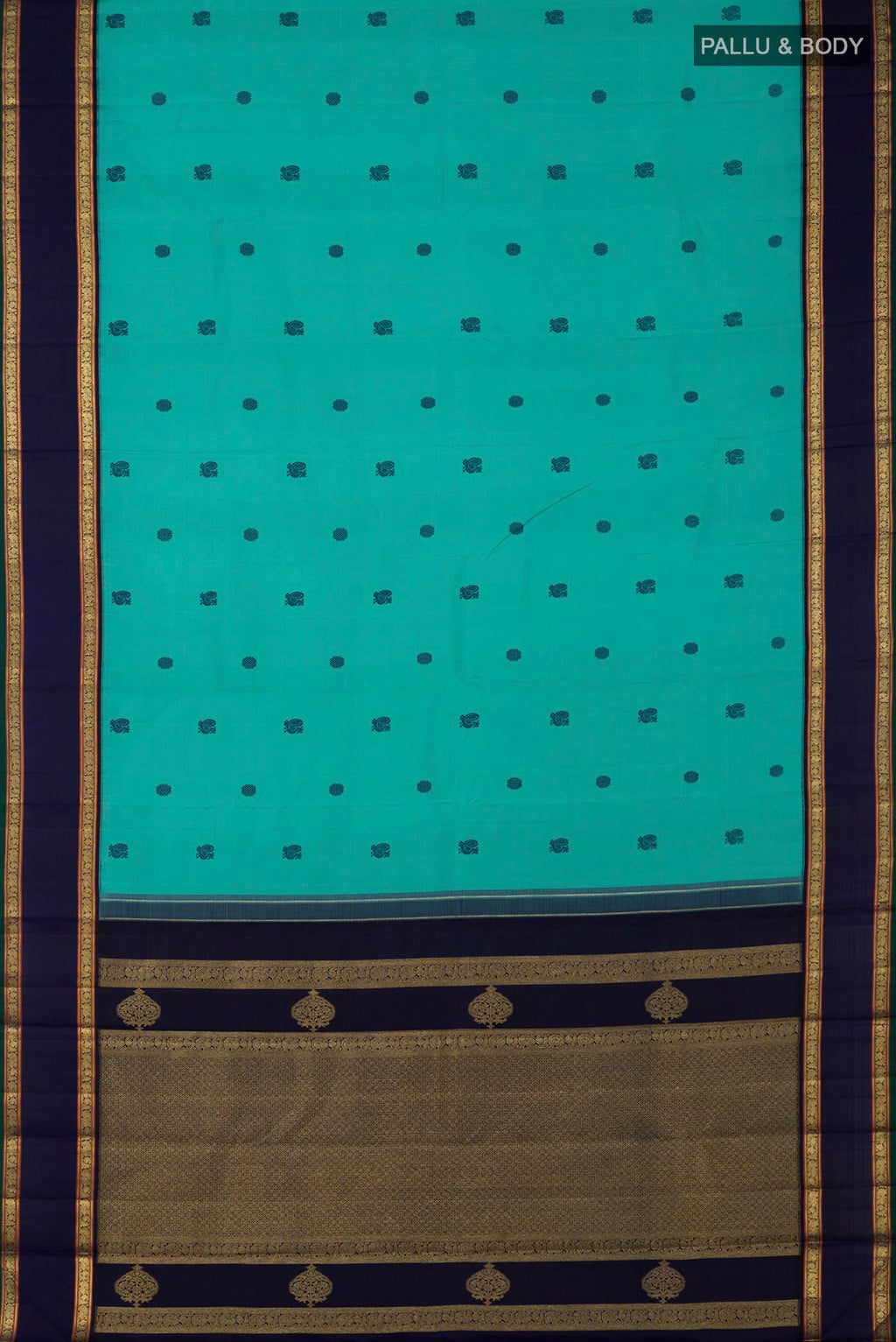 Flat view of Pure Silk Pure Zari Light Blue Kanchipuram Saree with Thread Butta on the body and Zari Border. 