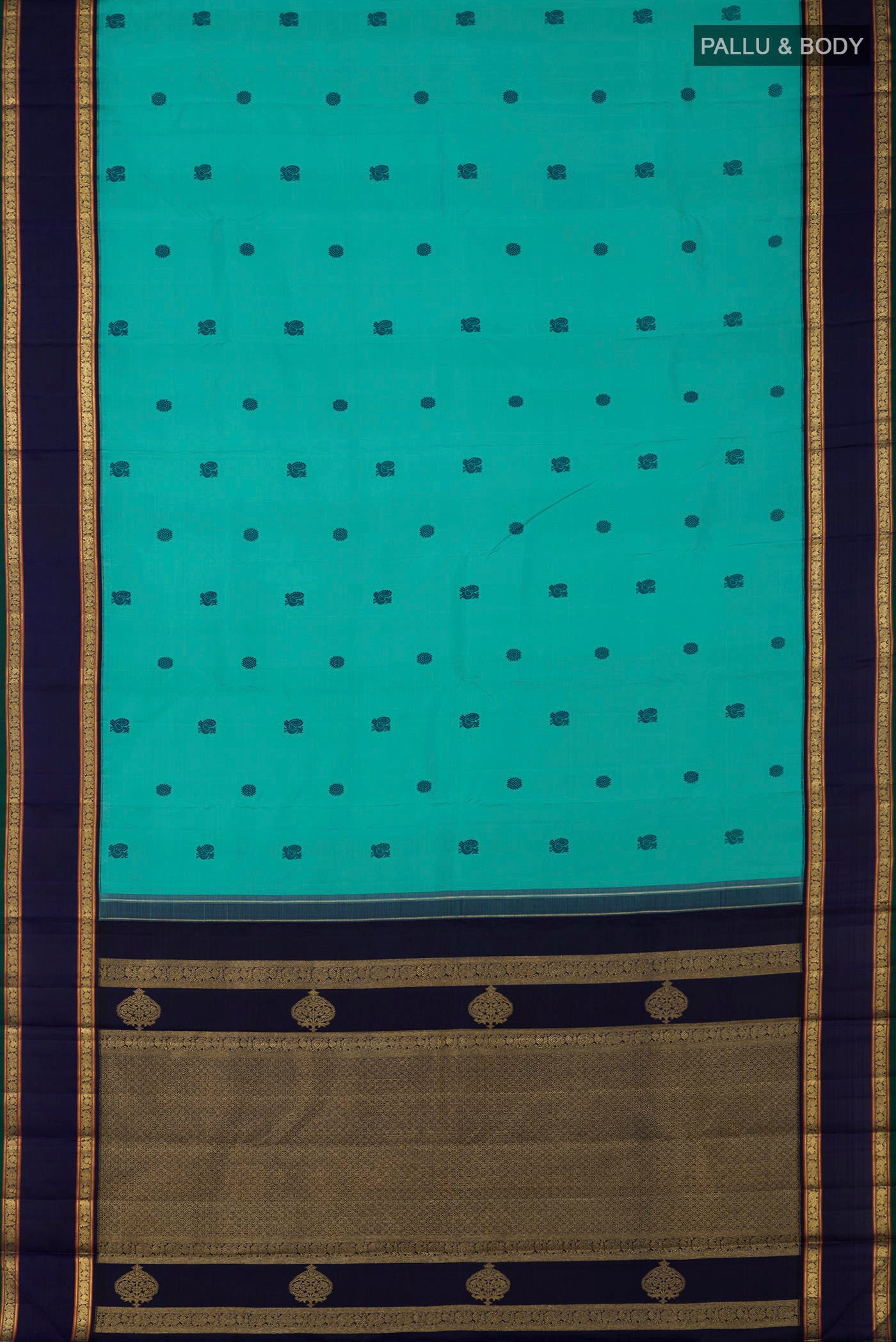 Flat view of Pure Silk Pure Zari Light Blue Kanchipuram Saree with Thread Butta on the body and Zari Border. 