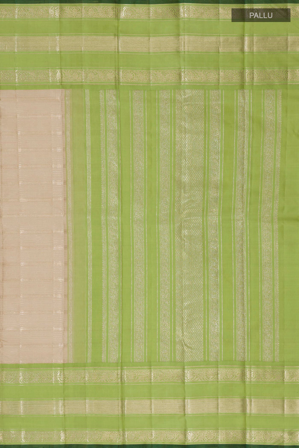Close up image of the pallu of Pure Silk Beige Kanchipuram Saree with Stripes on the body and Zari Border. 
