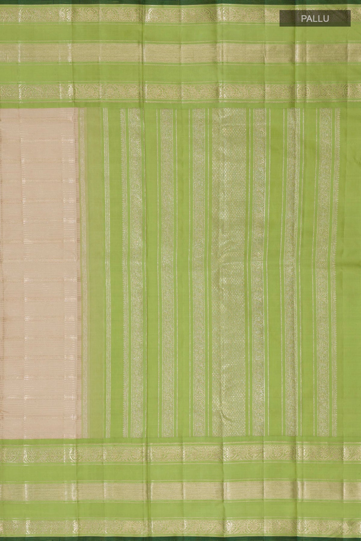 Close up image of the pallu of Pure Silk Beige Kanchipuram Saree with Stripes on the body and Zari Border. 