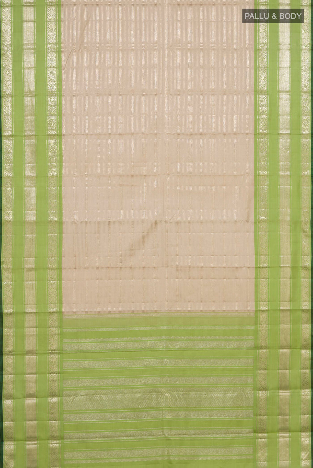 Flat view of Pure Silk Beige Kanchipuram Saree with Stripes on the body and Zari Border. 