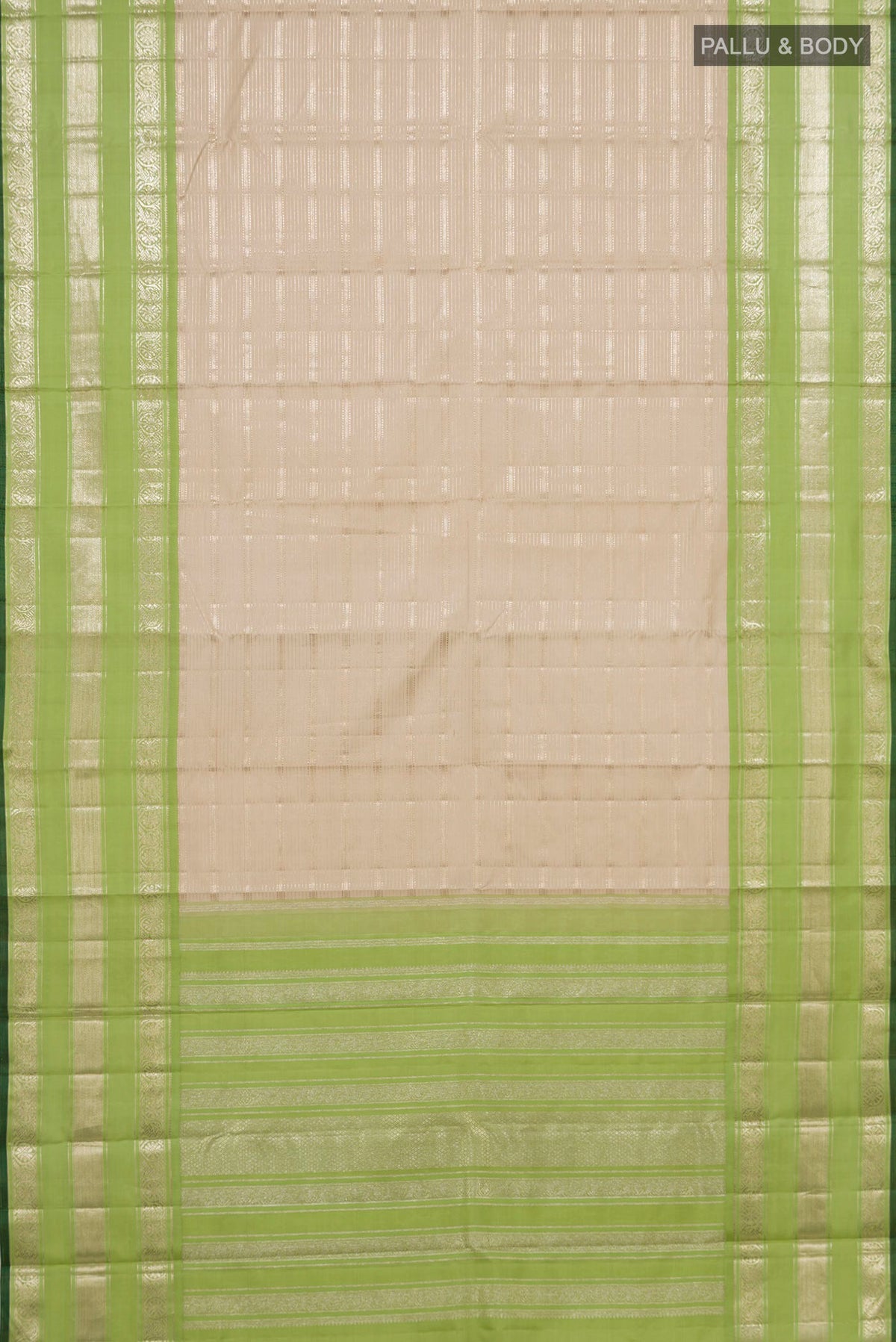 Flat view of Pure Silk Beige Kanchipuram Saree with Stripes on the body and Zari Border. 
