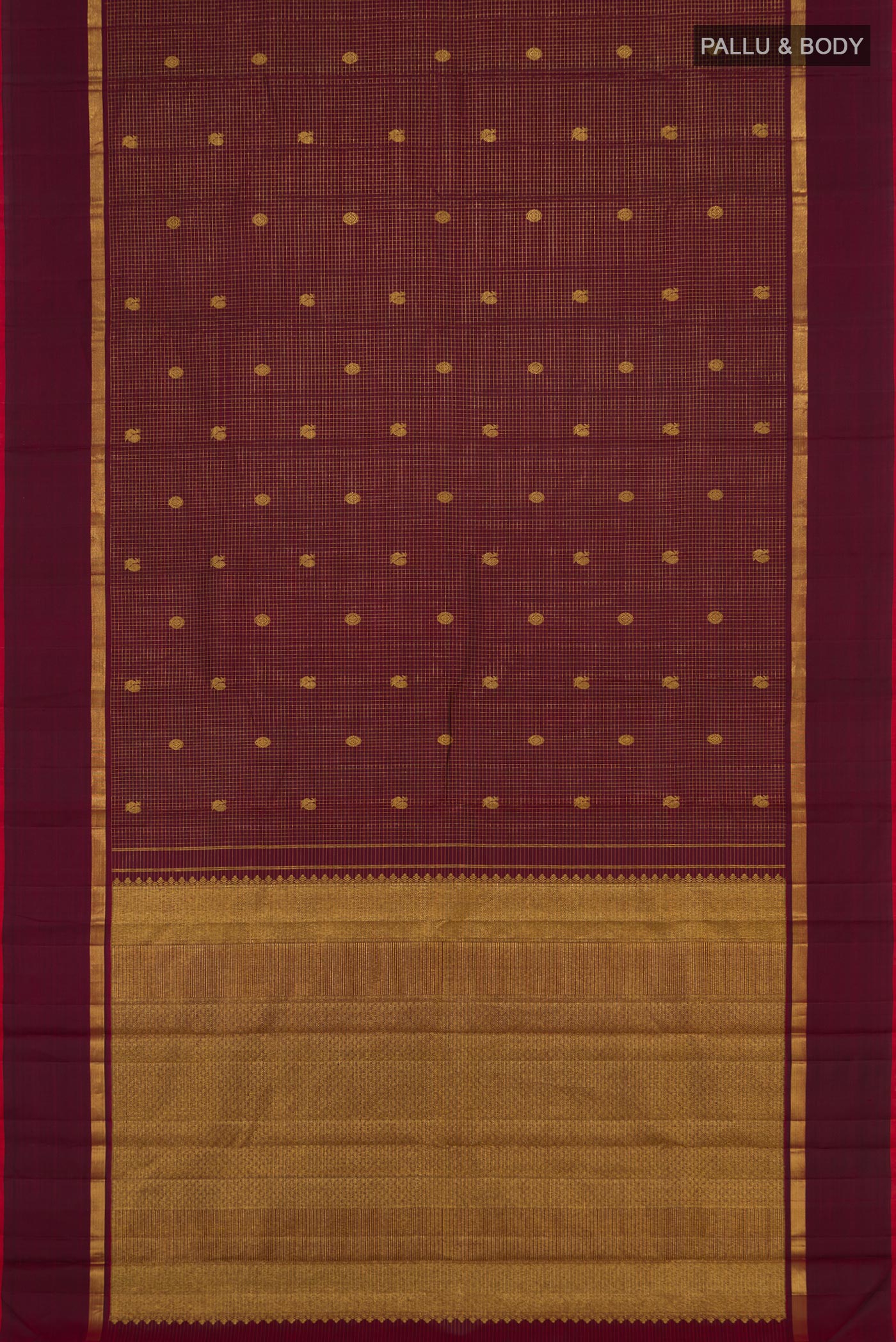 Flat view of Maroon Kanjivaram Saree with Checked design on the body and Thin Zari Line. 