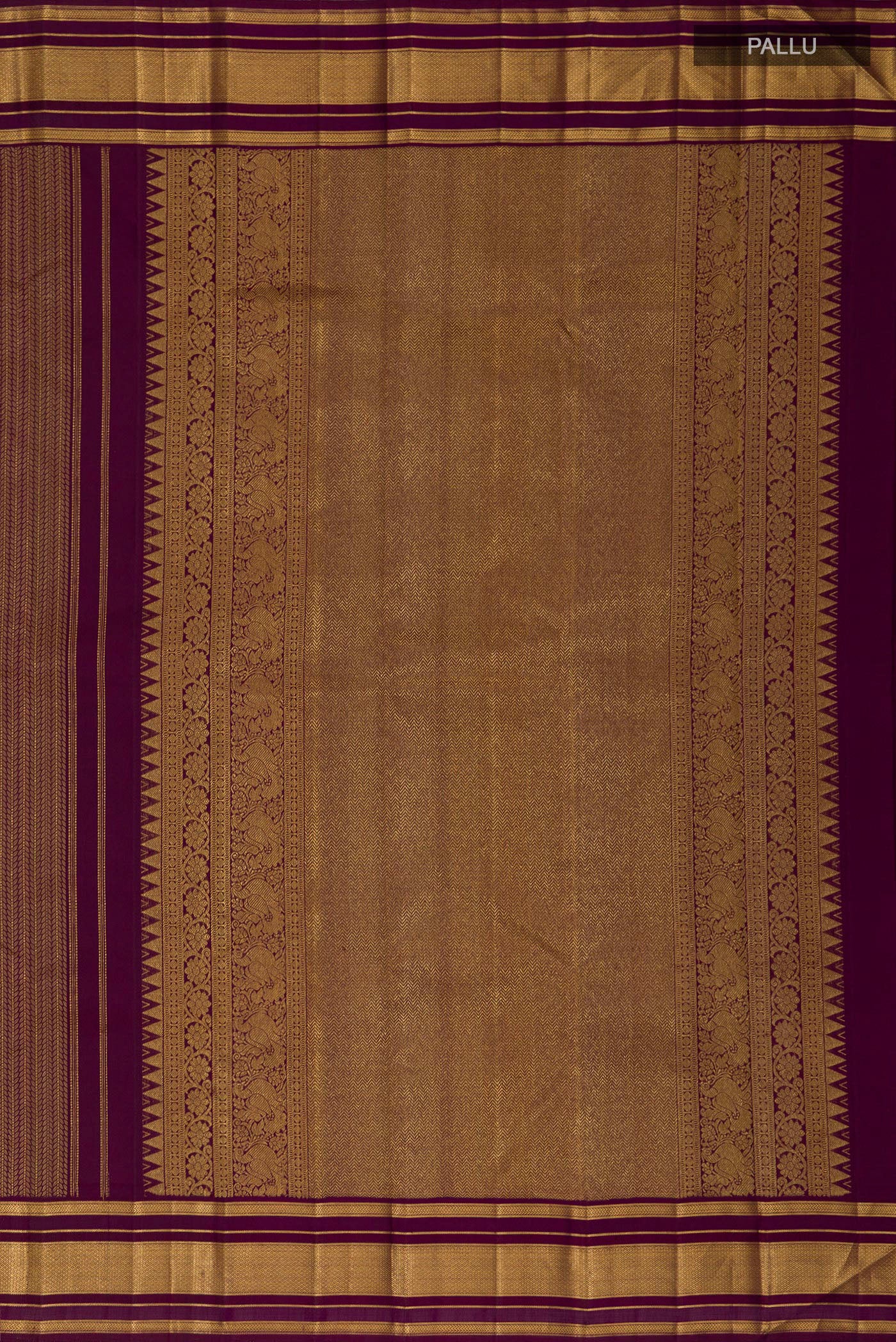Close up image of the pallu of Pure Silk Pure Zari Purple Kanchipuram Saree with Jacquard design on the body and Zari Border. 