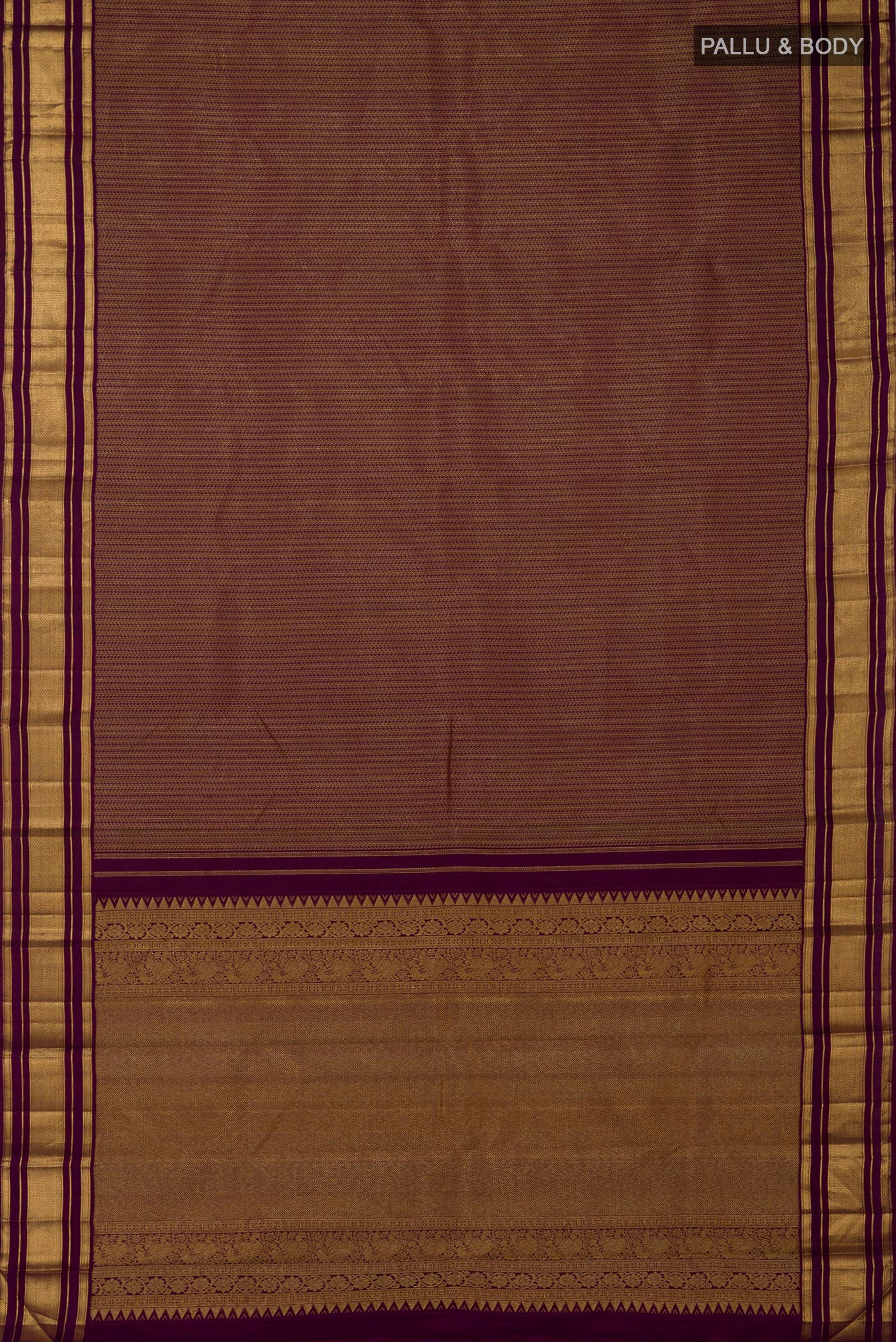 Flat view of Pure Silk Pure Zari Purple Kanchipuram Saree with Jacquard design on the body and Zari Border. 