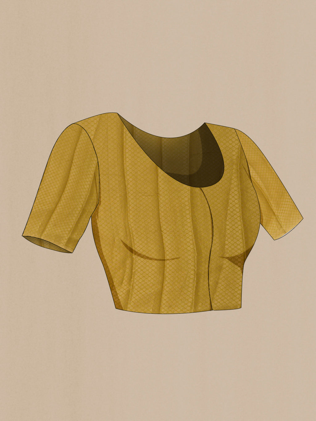 Close up image of the blouse of Yellow Crepe Saree with Fancy on the body and Zari Border. 