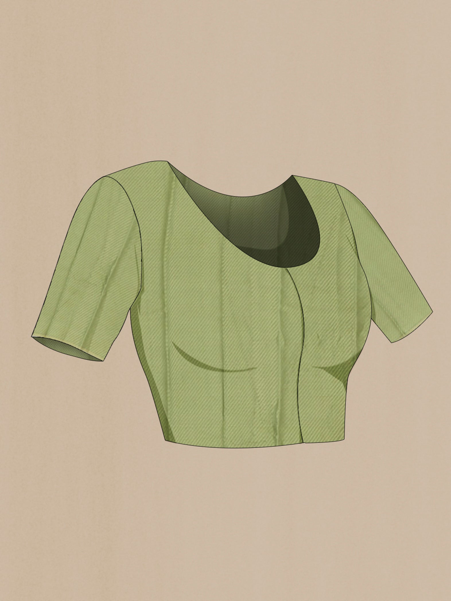 Close up image of the blouse of Green Crepe Saree with Jacquard design on the body and Zari Border. 