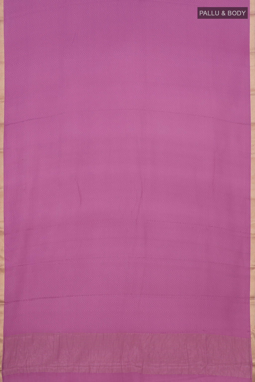 Flat view of Lavender Mysore Crepe Saree with Jacquard design on the body and Zari Border. 