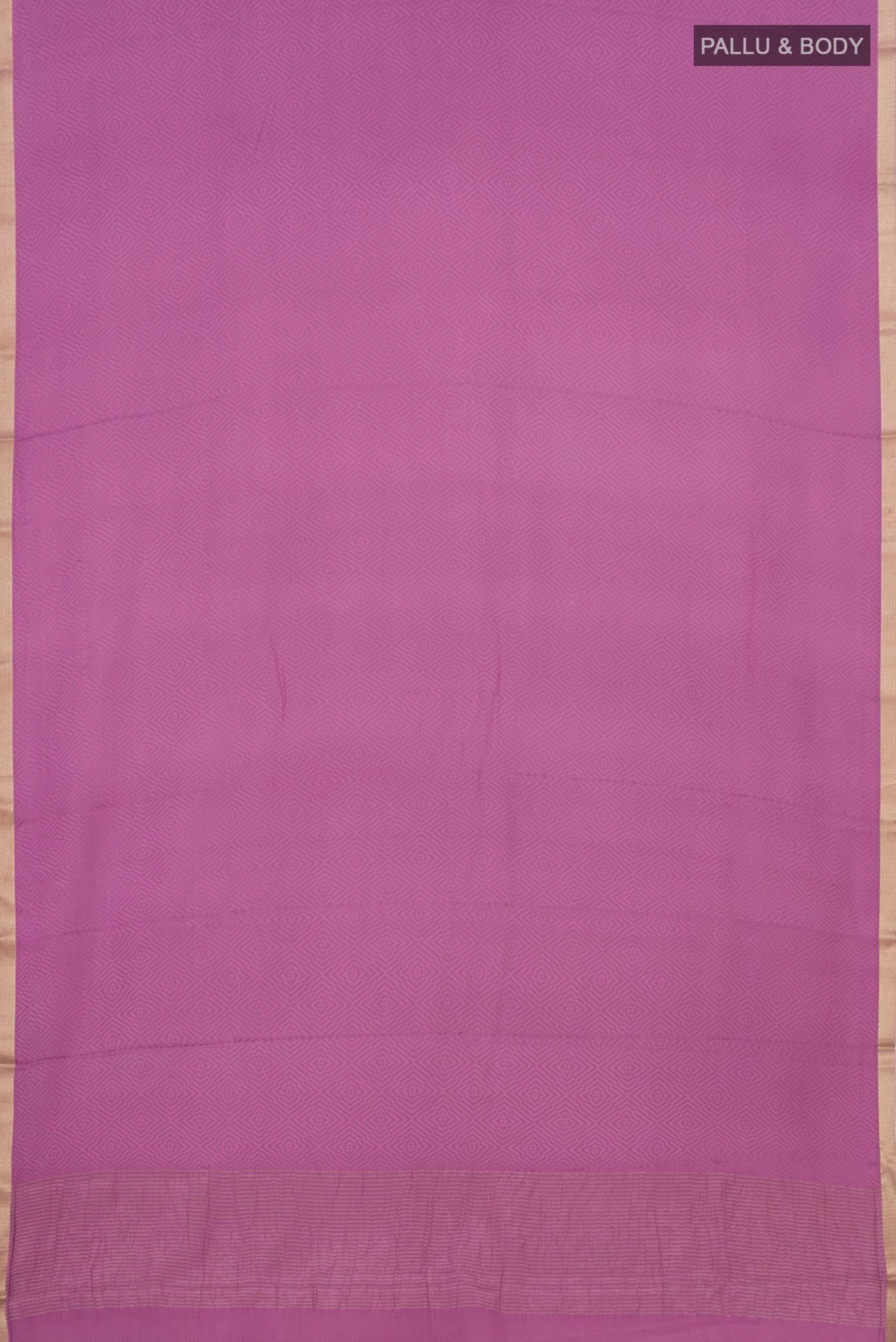 Flat view of Lavender Mysore Crepe Saree with Jacquard design on the body and Zari Border. 