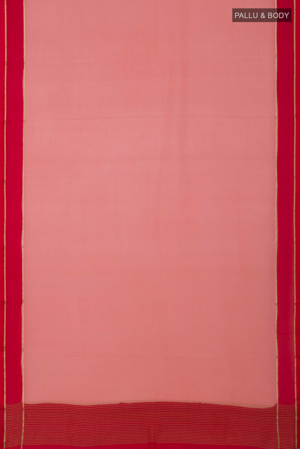 Flat view of Peach Crepe Saree with Plain Body and Thin Zari Line. 