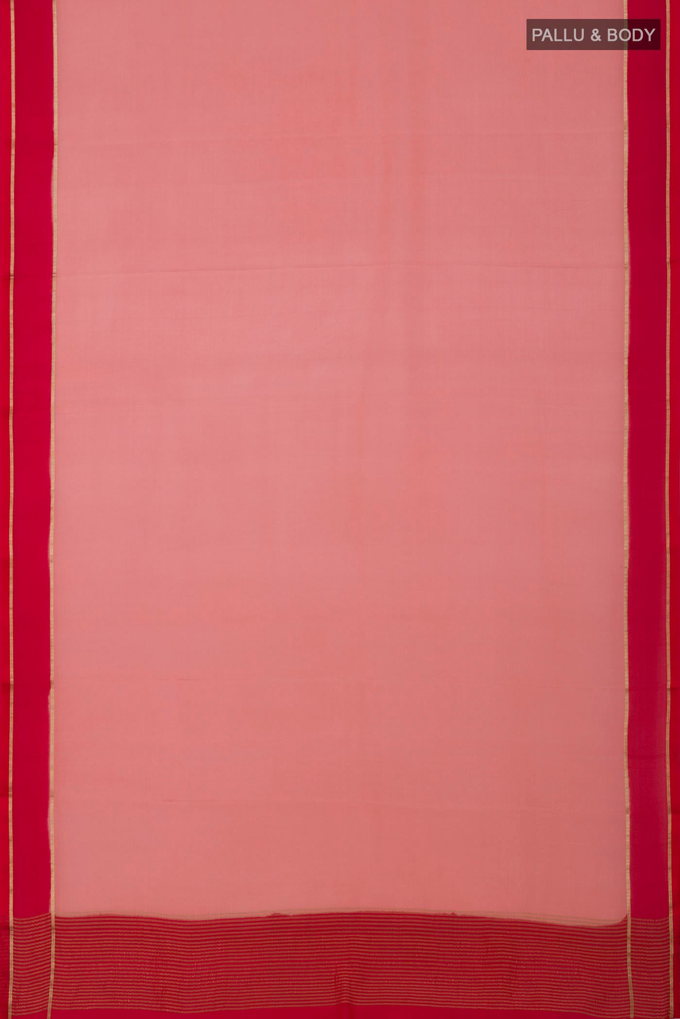 Flat view of Peach Crepe Saree with Plain Body and Thin Zari Line. 