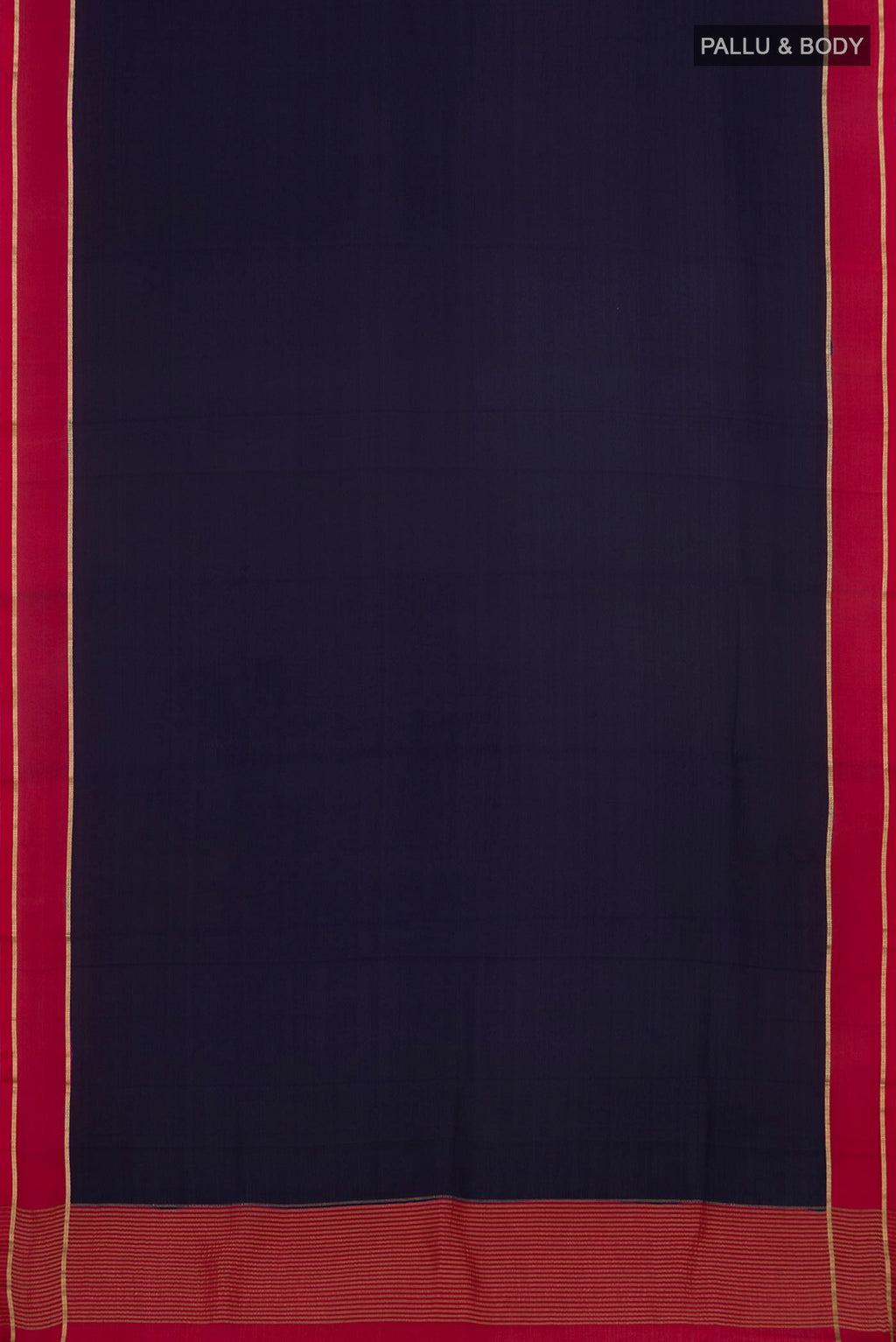 Flat view of Navy Blue Mysore Crepe Saree with Plain Body and Zari Border. 