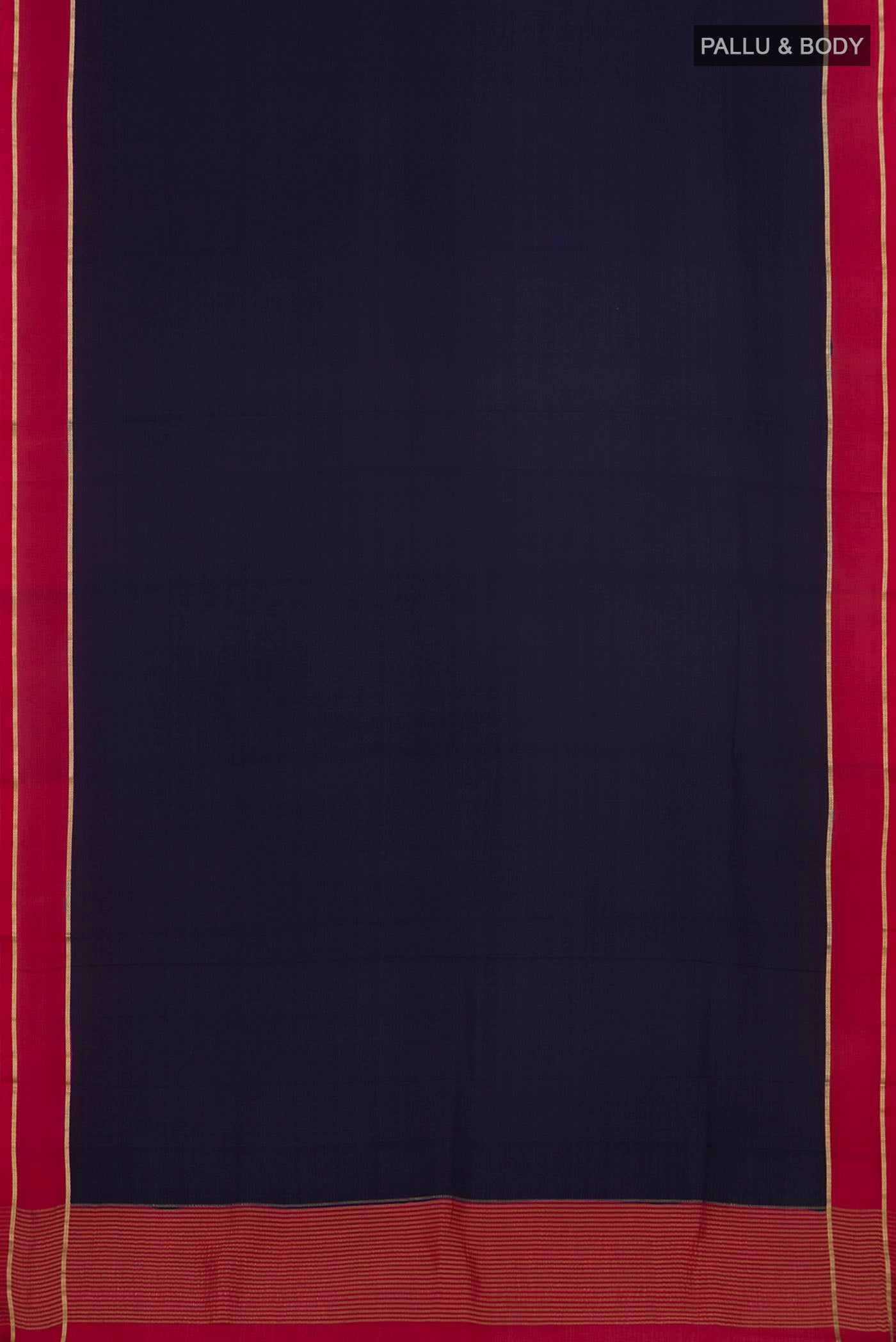 Flat view of Navy Blue Mysore Crepe Saree with Plain Body and Zari Border. 