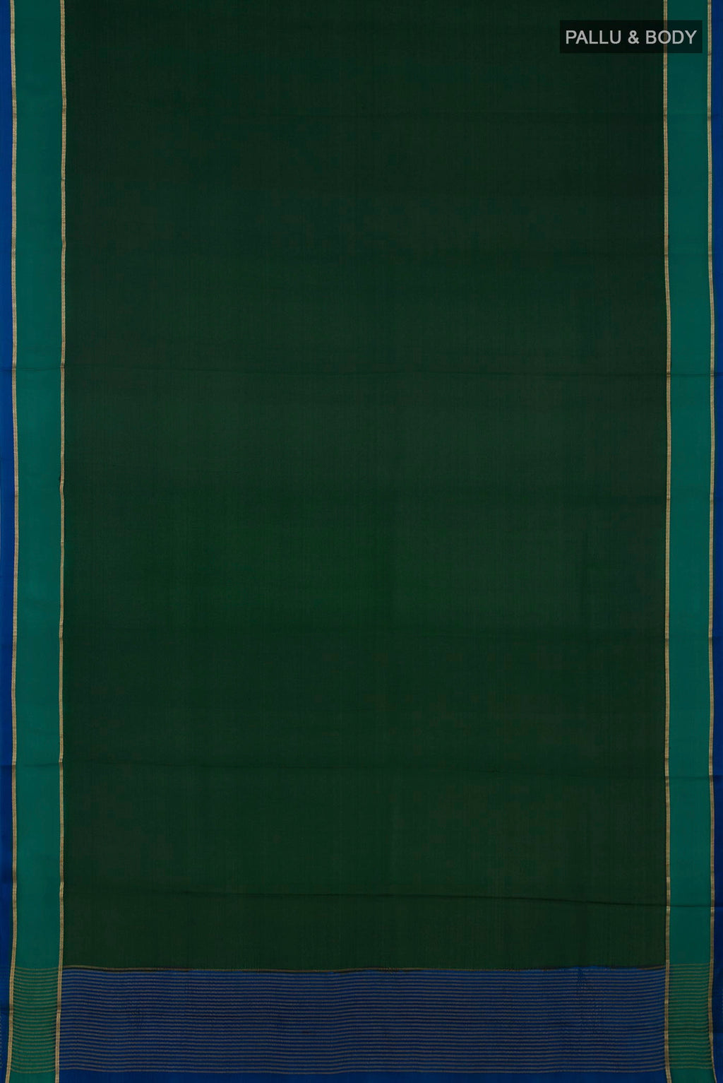 Flat view of Bottle Green Mysore Crepe Saree with Plain Body and Thin Zari Line. 