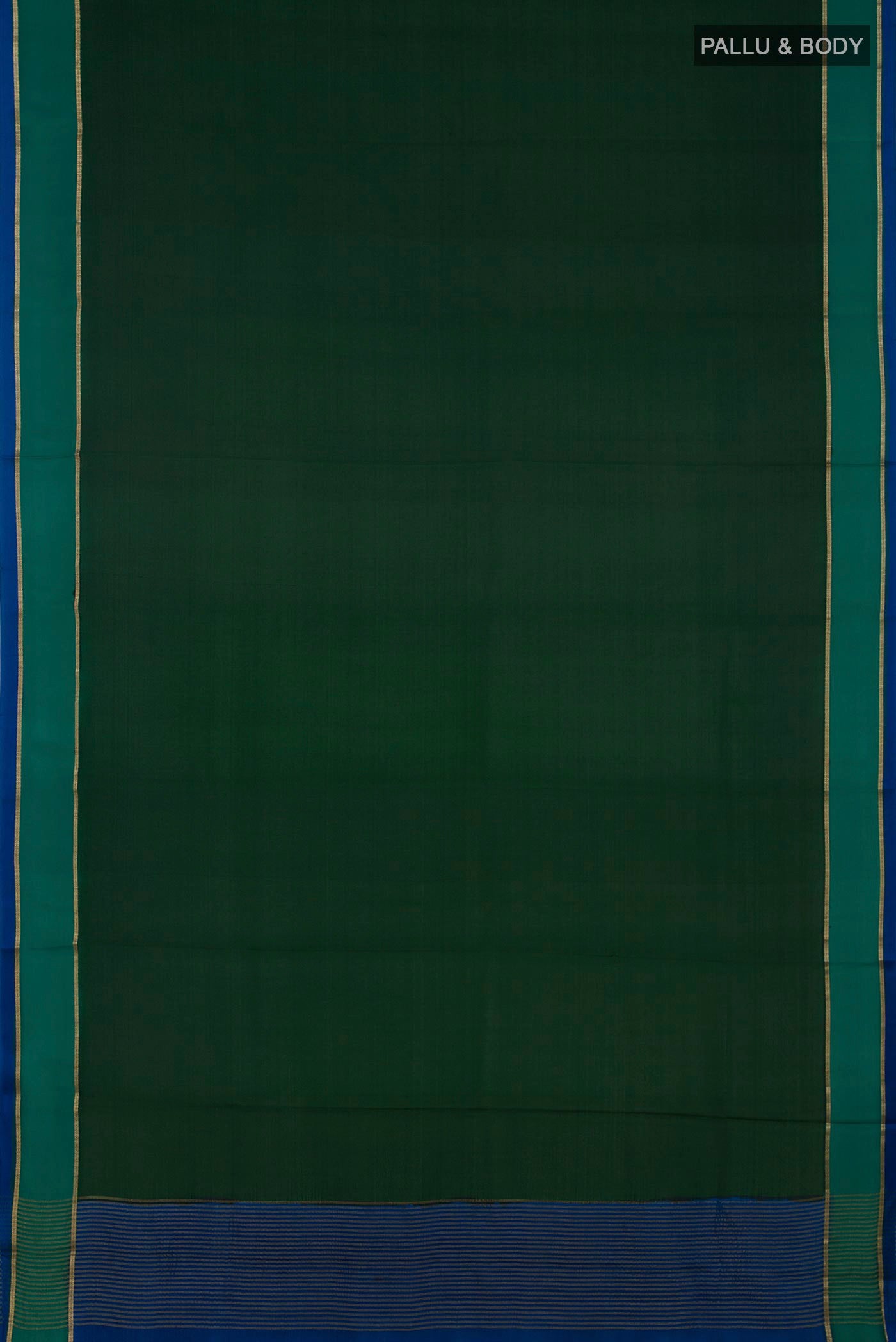 Flat view of Bottle Green Mysore Crepe Saree with Plain Body and Thin Zari Line. 