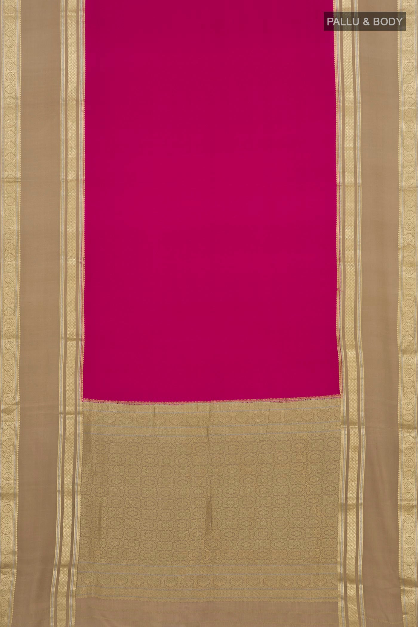 Flat view of Pink Crepe Saree with Plain Body and Zari Border. 