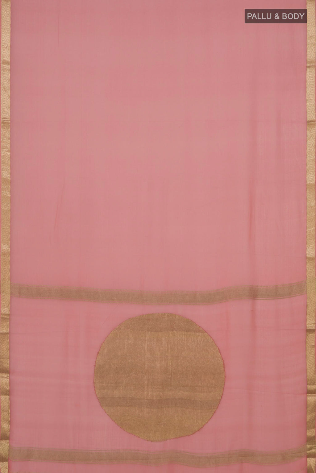 Flat view of Rose Gold Mysore Chiffon Saree with Plain Body and Zari Border. 
