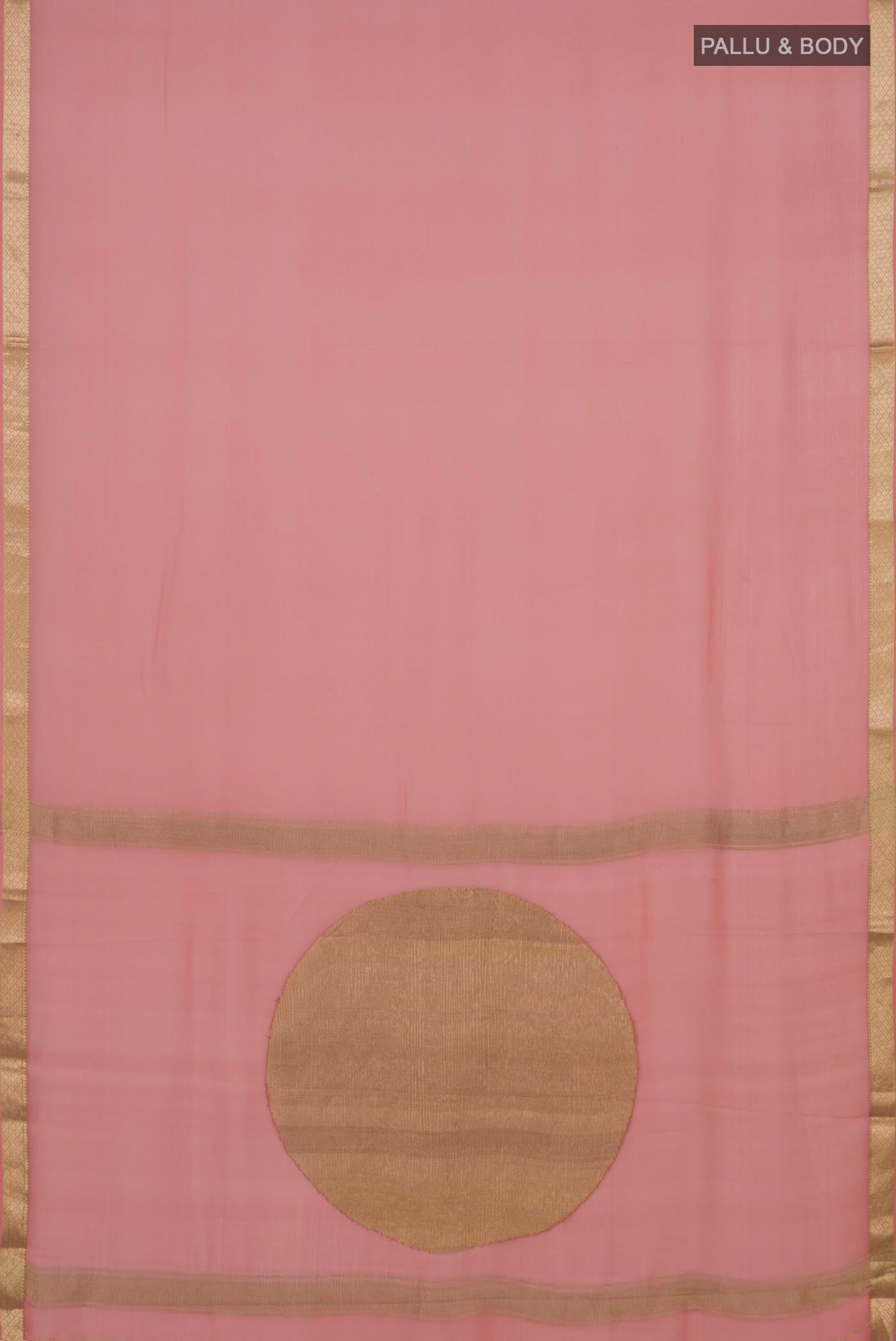 Flat view of Rose Gold Mysore Chiffon Saree with Plain Body and Zari Border. 