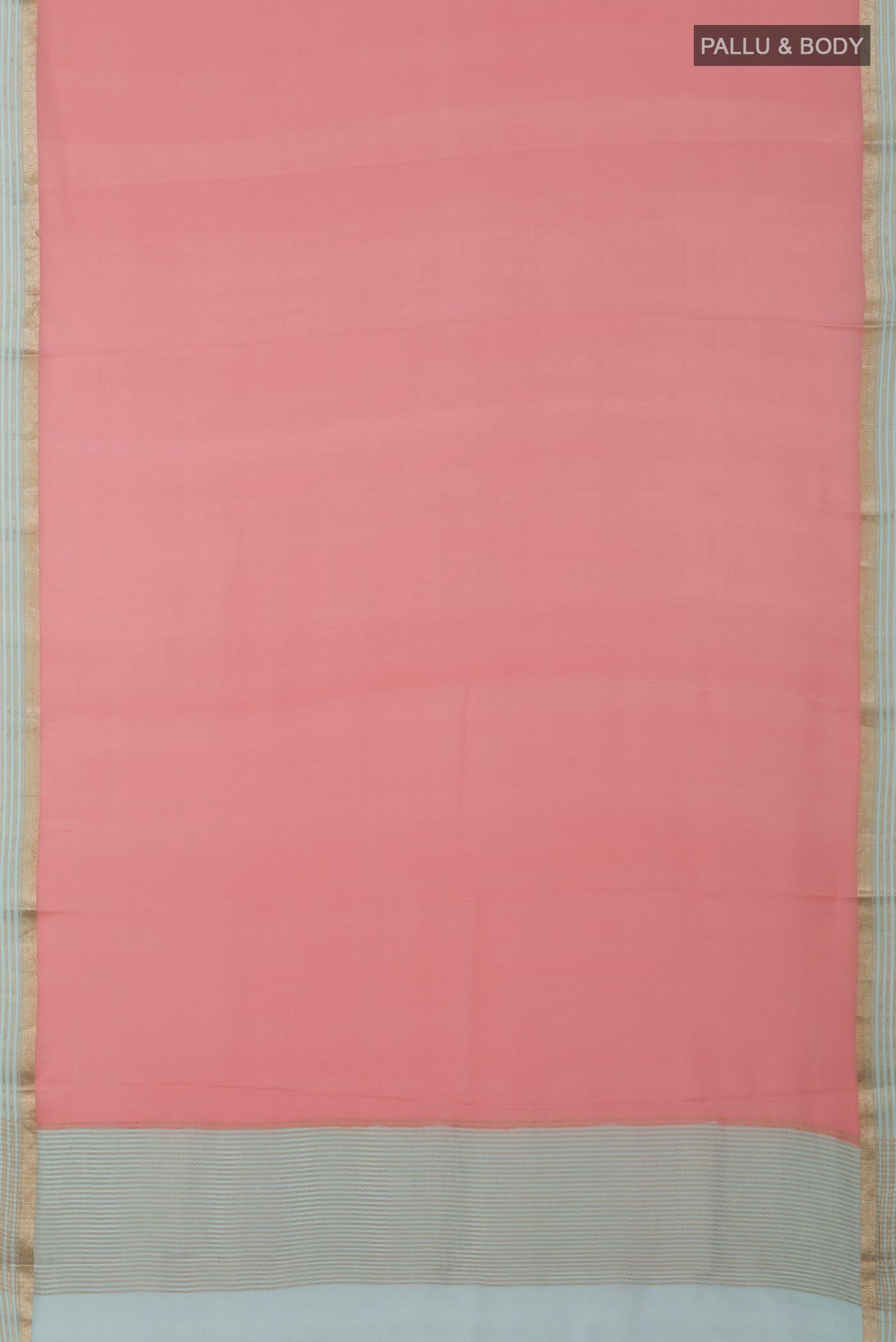 Flat view of Pink Crepe Saree with Plain Body and Fancy Border. 