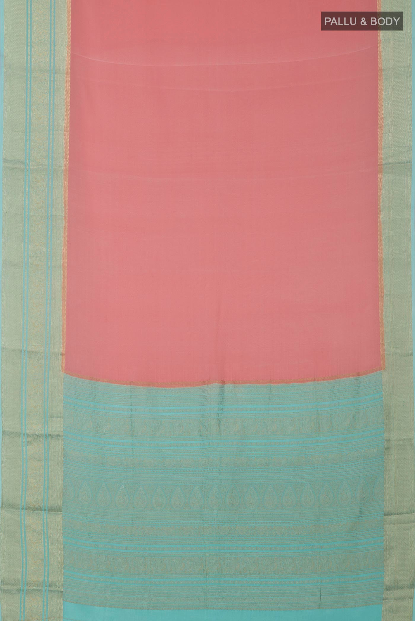 Flat view of Pink Crepe Saree with Plain Body and Zari Border. 