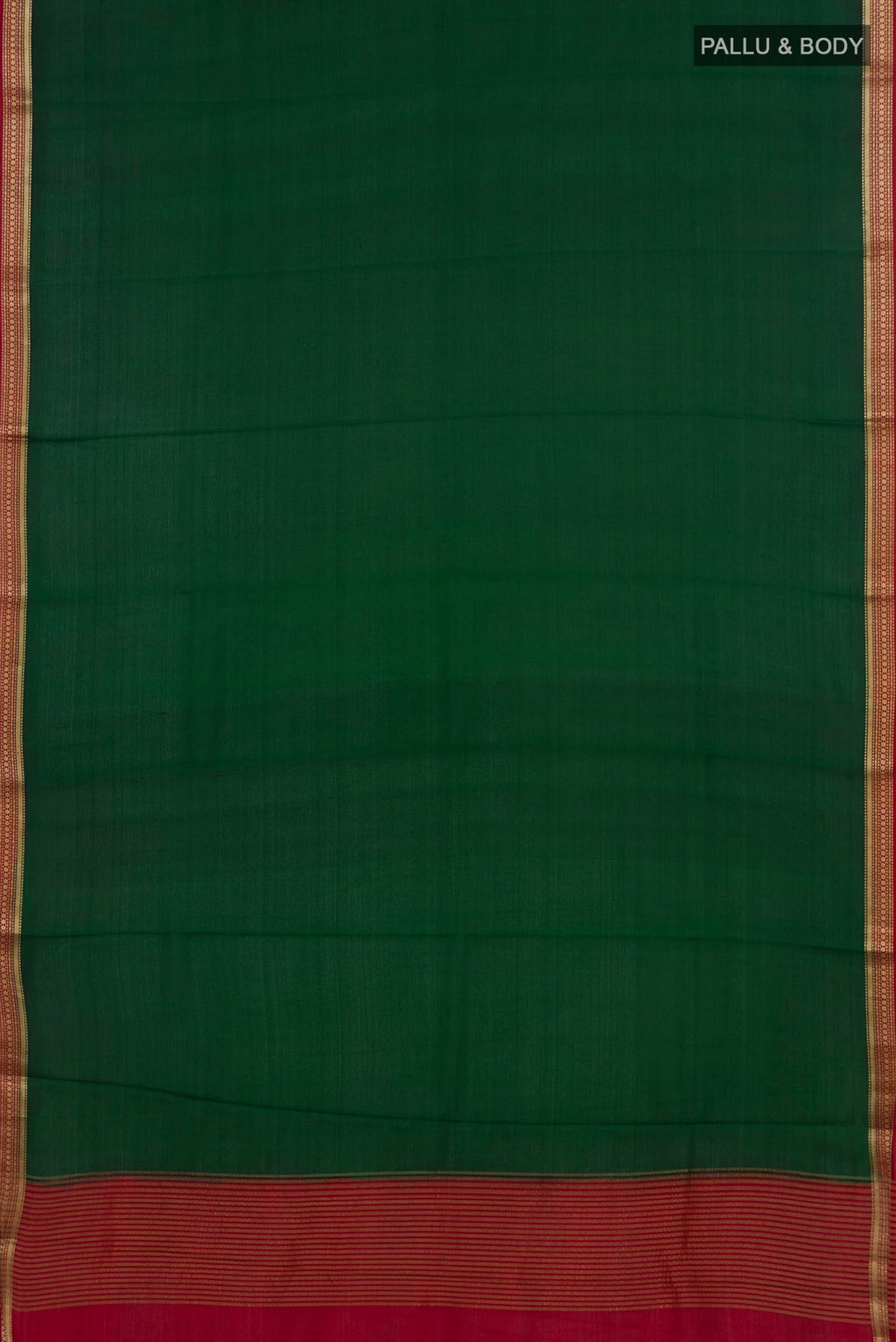 Flat view of Bottle Green Mysore Crepe Saree with Plain Body and Zari Border. 