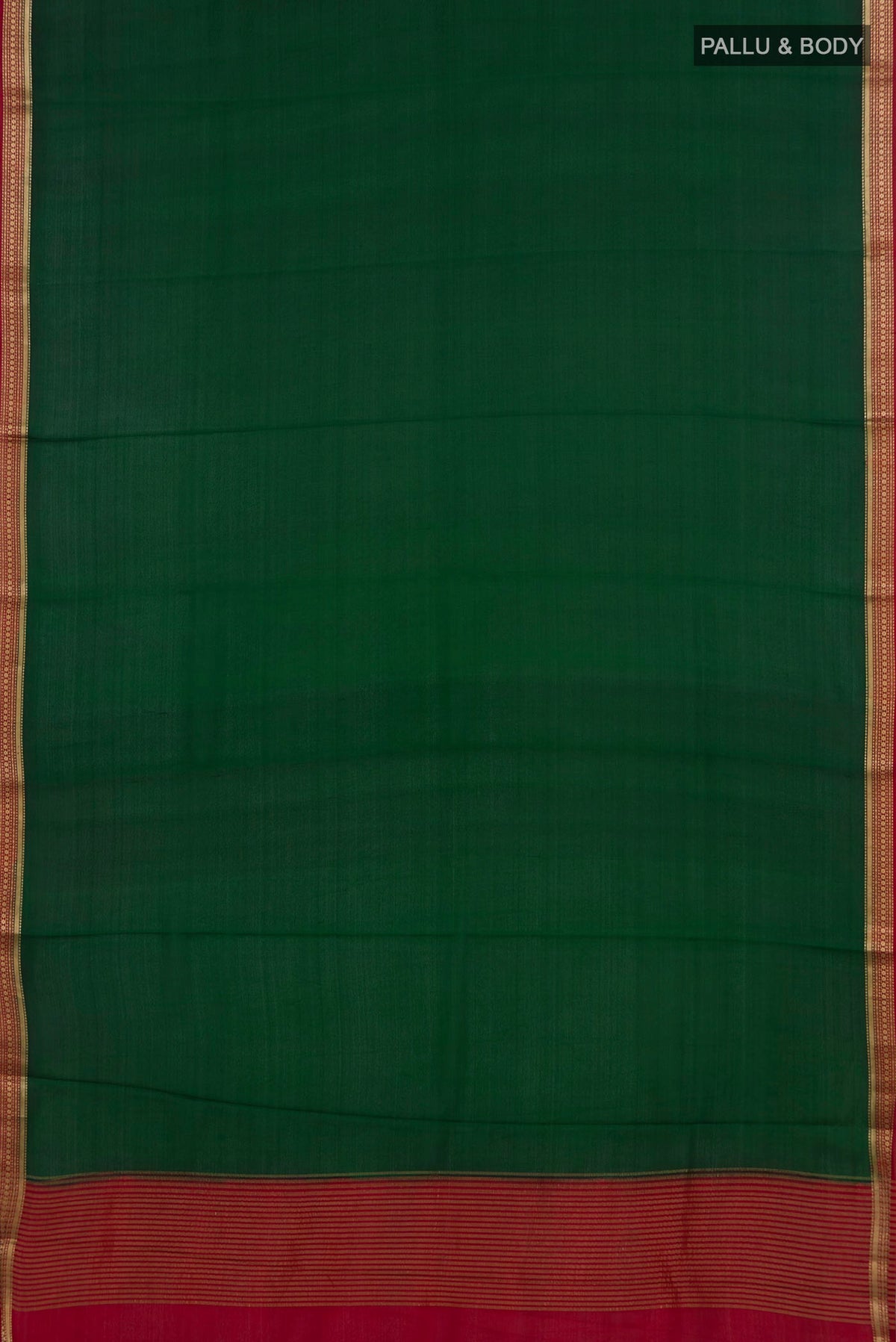 Flat view of Bottle Green Mysore Crepe Saree with Plain Body and Zari Border. 
