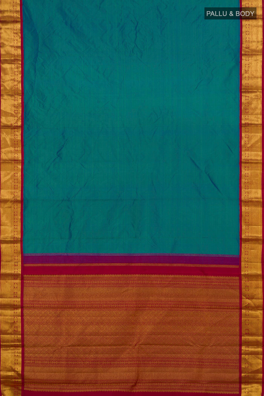 Flat view of Pure Silk Blue Kanjivaram Saree with Plain Body and Zari Border. 